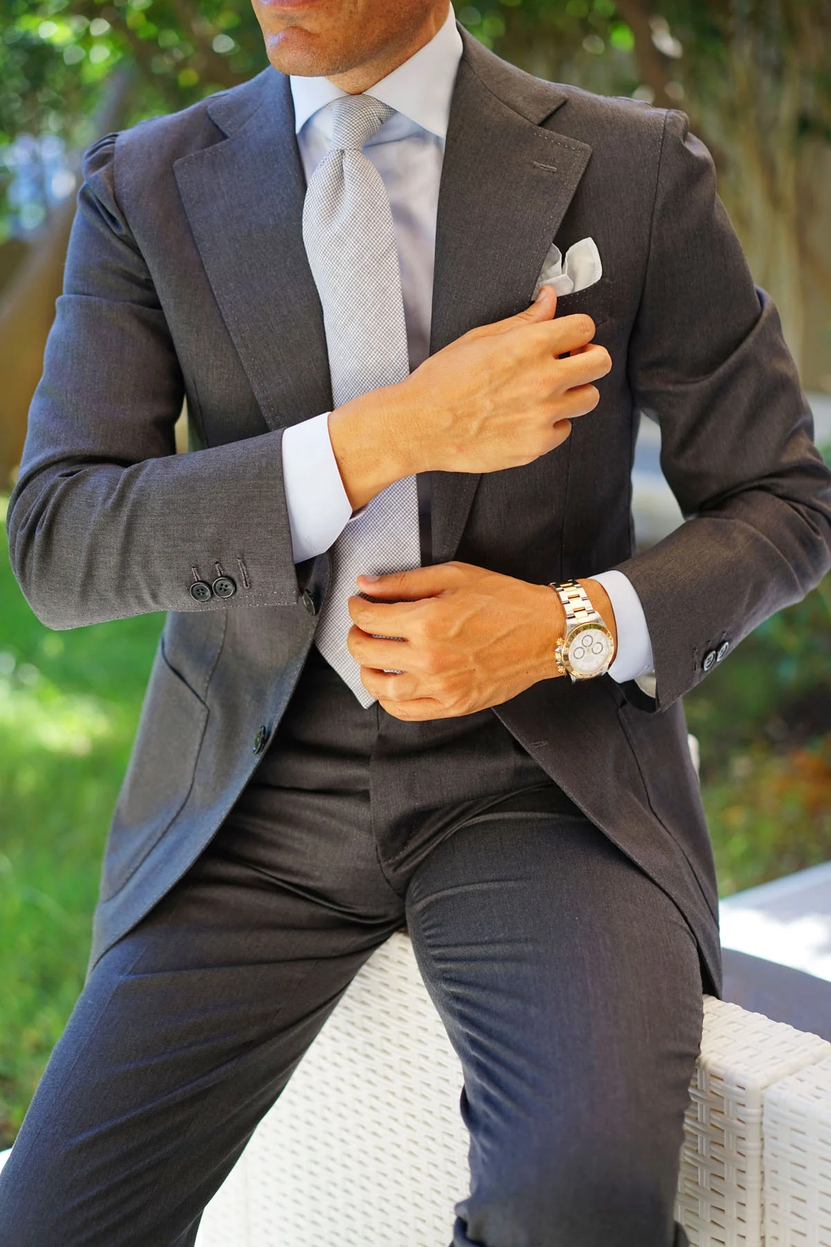 Light Grey Houndstooth Linen Necktie - Image 5