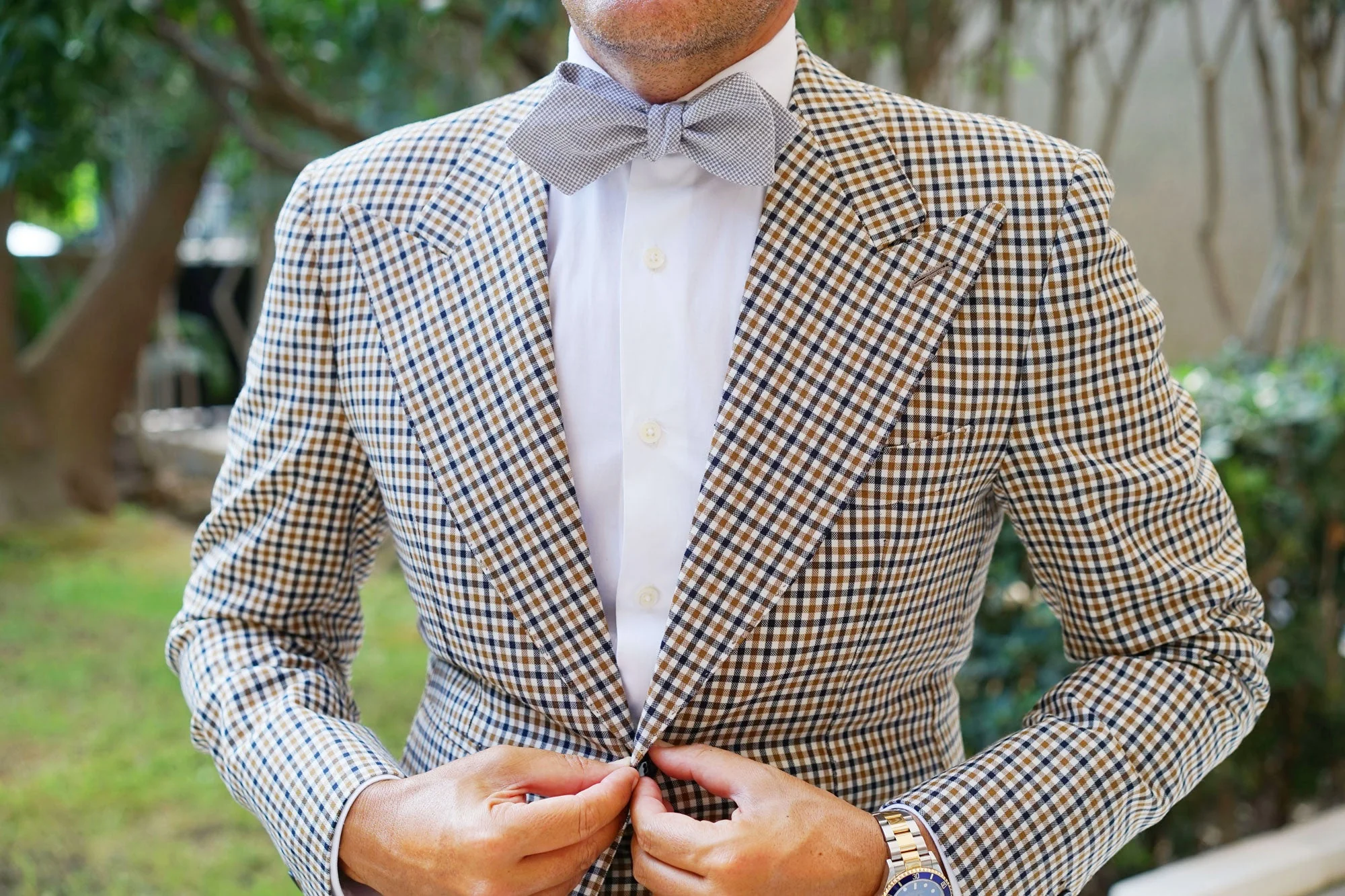 Light Grey Houndstooth Linen Self Tie Diamond Tip Bow Tie - Image 6