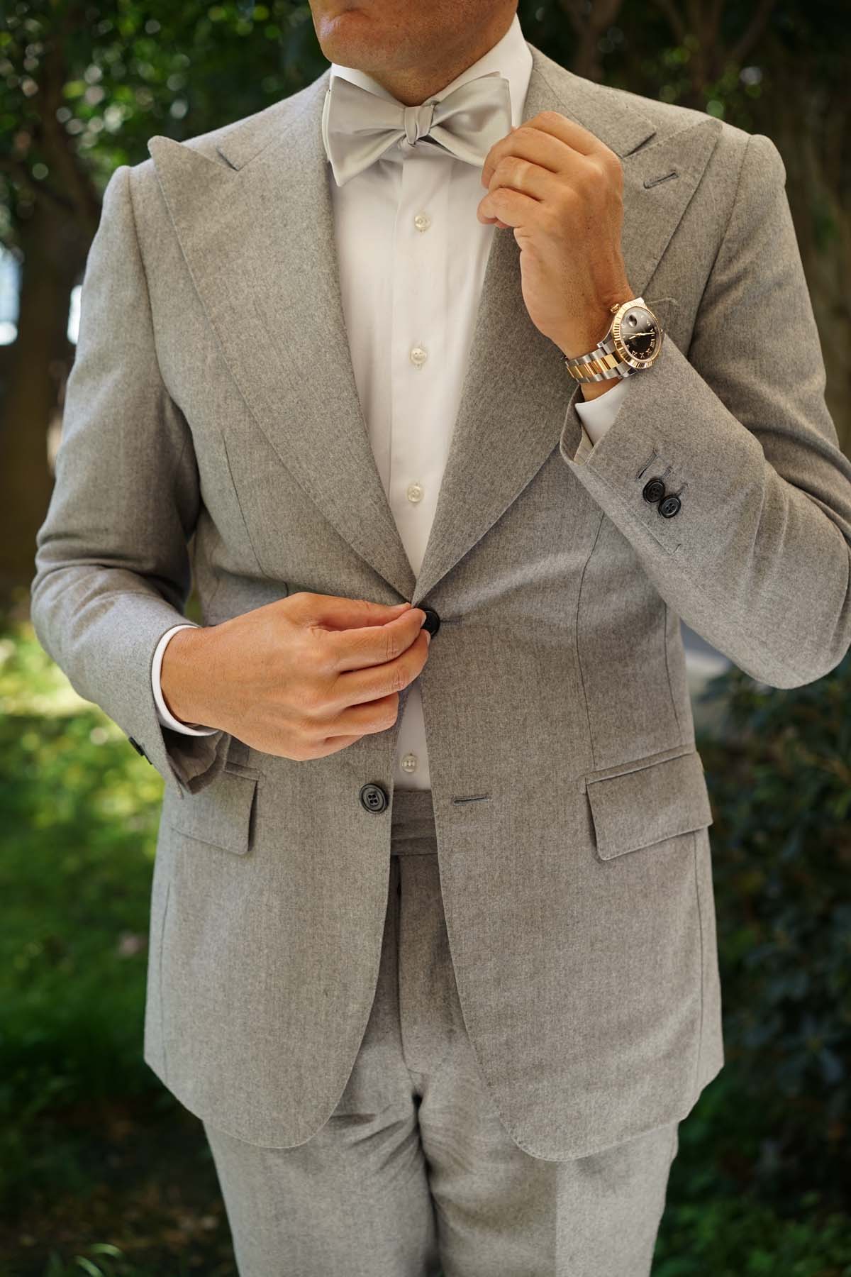 Light Grey Satin Self Tie Bow Tie - Image 9