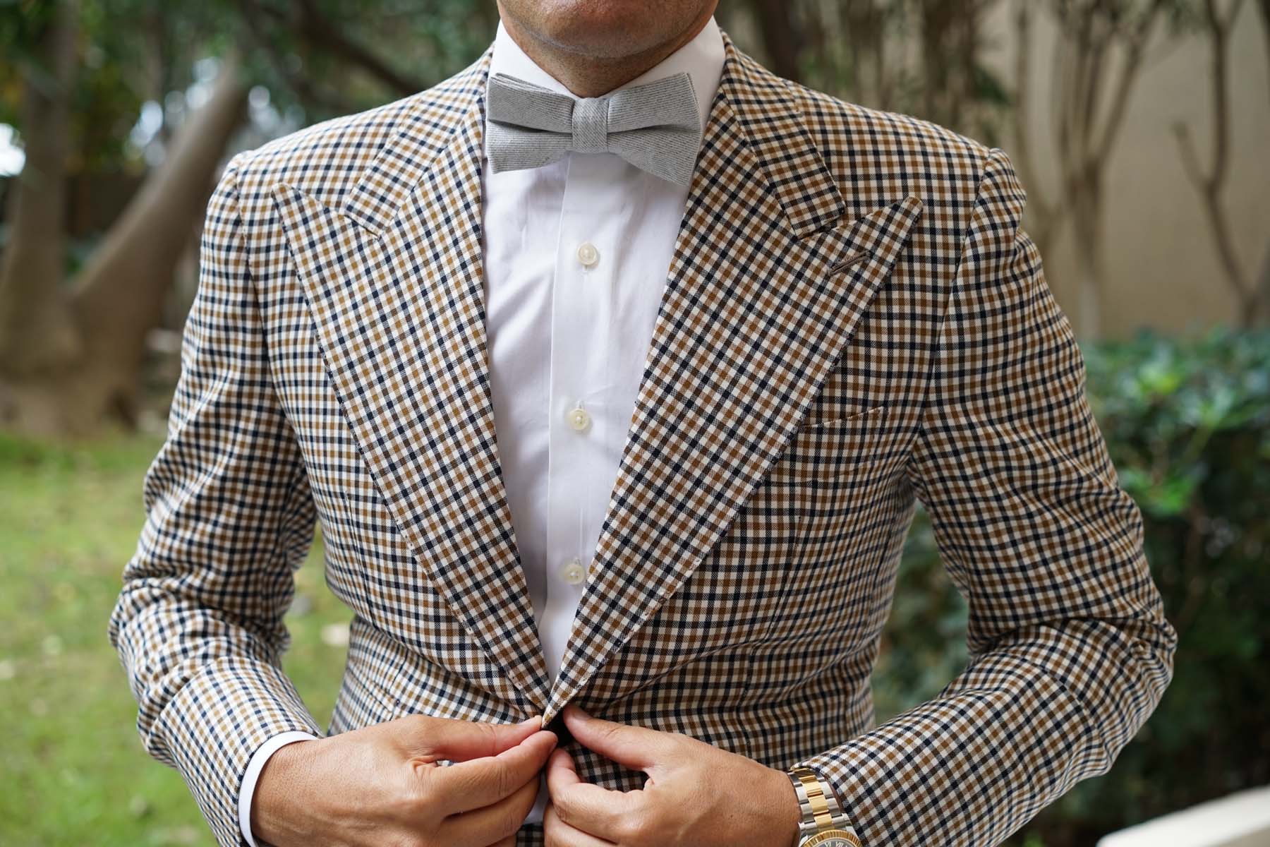 Light Grey Twill Stripe Linen Bow Tie - Image 7
