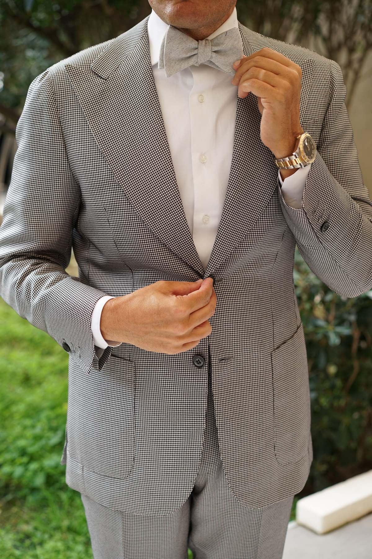 Light Grey Twill Stripe Linen Self Tie Bow Tie - Image 5