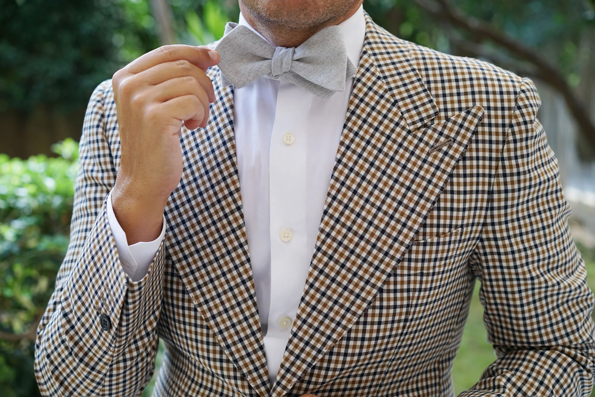 Light Grey Twill Stripe Linen Self Tie Diamond Tip Bow Tie - Image 11