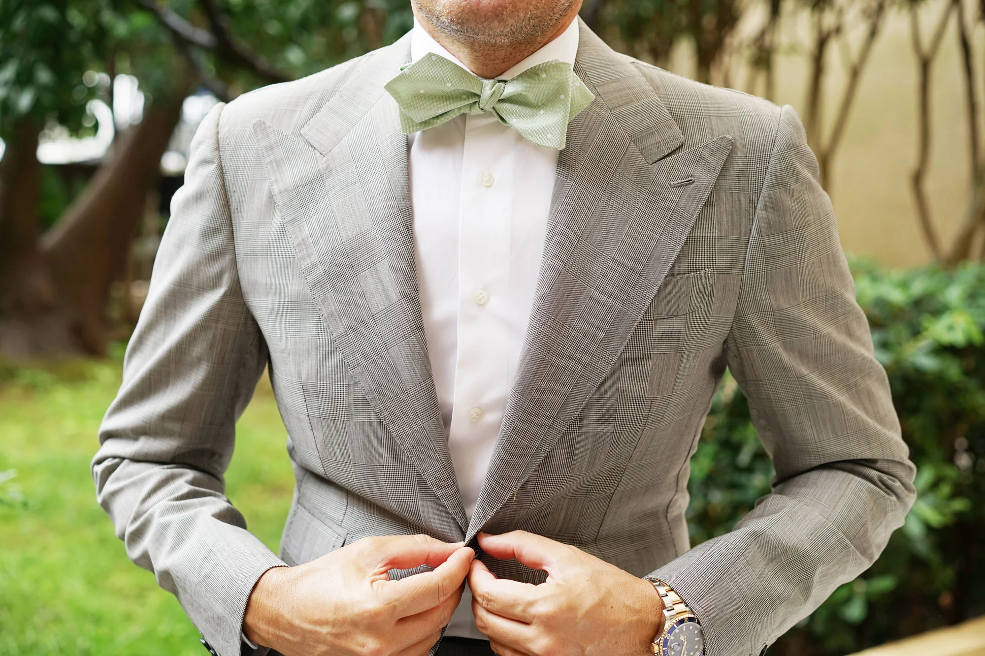 Light Mint Pistachio Green with White Polka Dots Self Tie Diamond Tip Bow Tie - Image 6