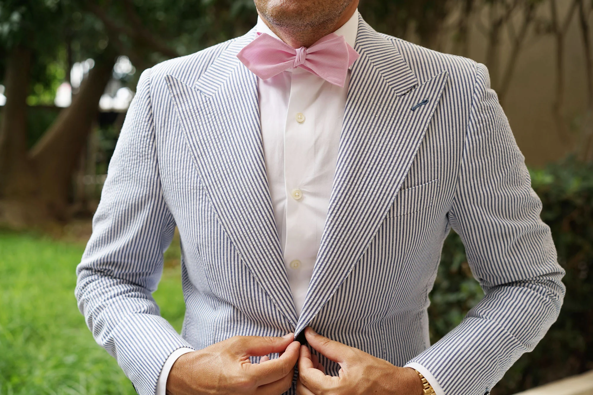 Light Pink Cotton Pinstripes Self Tie Diamond Bow Tie - Image 2