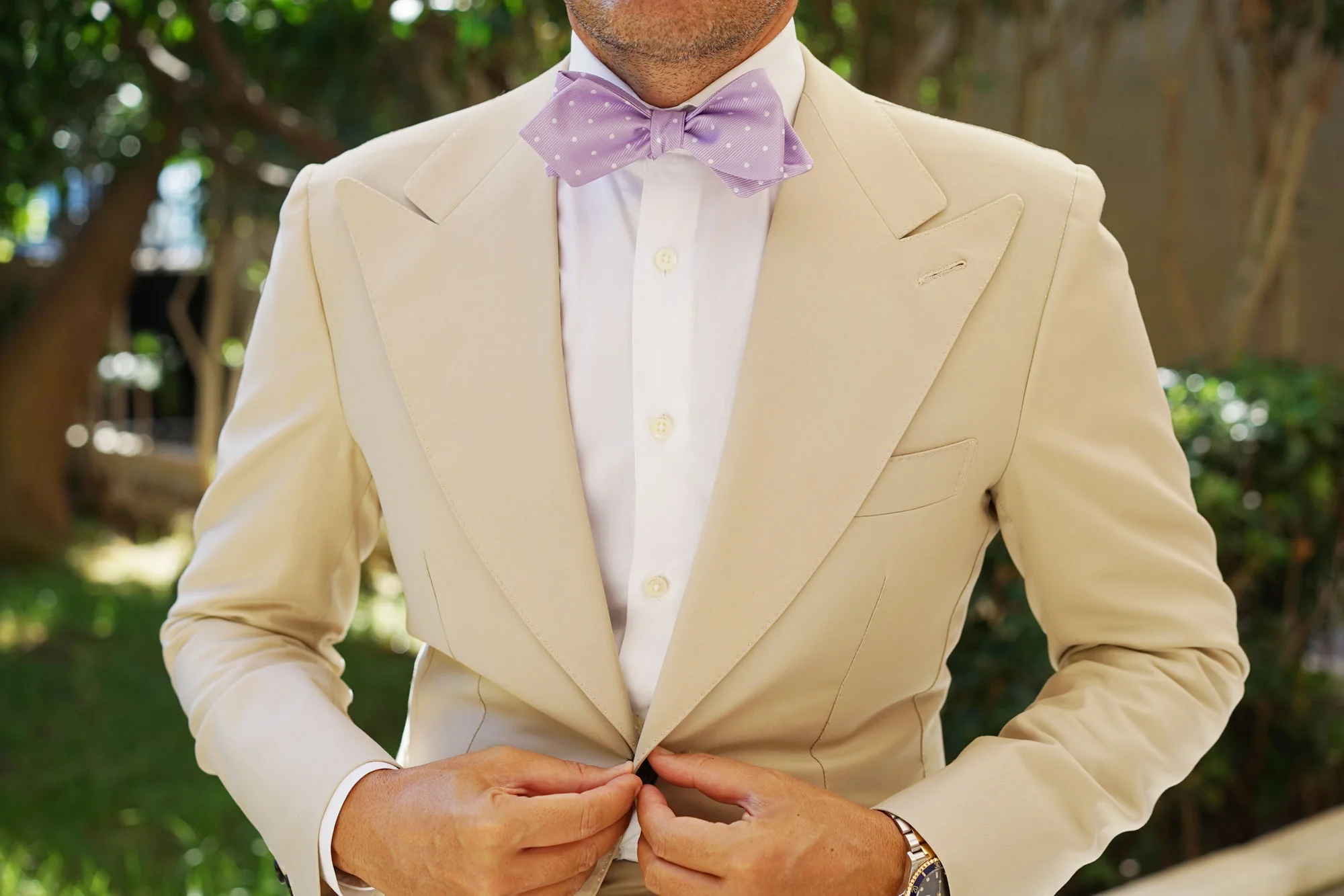 Light Purple with White Polka Dots Self Tie Diamond Tip Bow Tie - Image 6