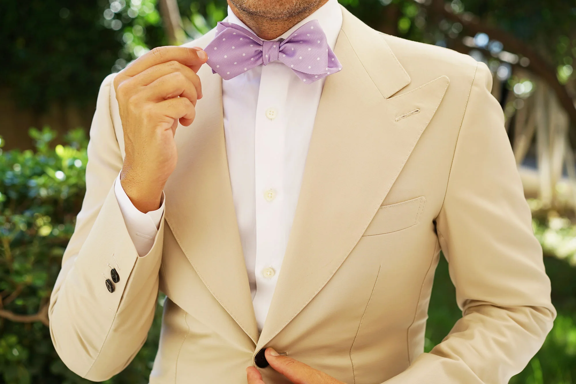 Light Purple with White Polka Dots Self Tie Diamond Tip Bow Tie - Image 8