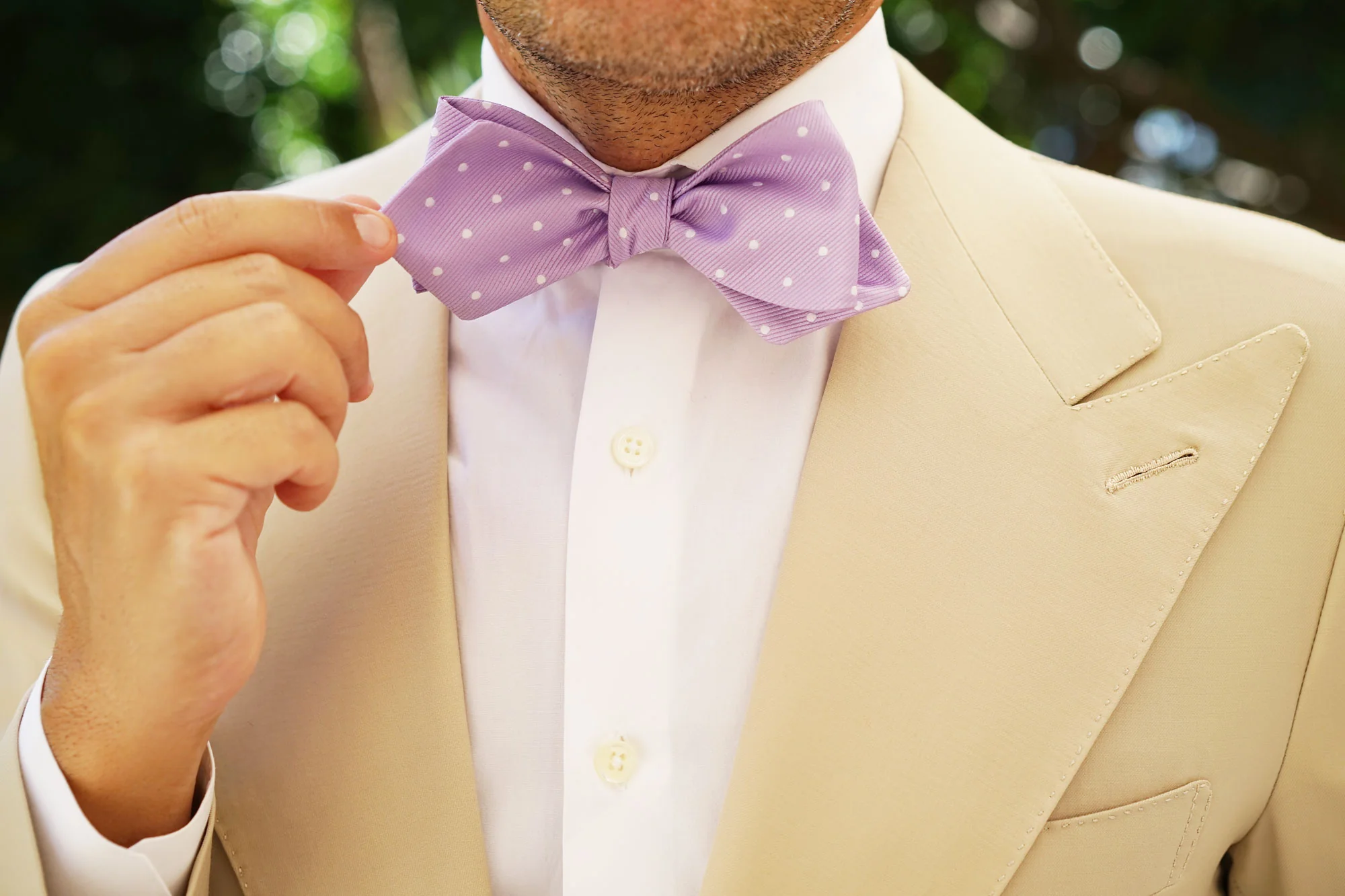 Light Purple with White Polka Dots Self Tie Diamond Tip Bow Tie - Image 9
