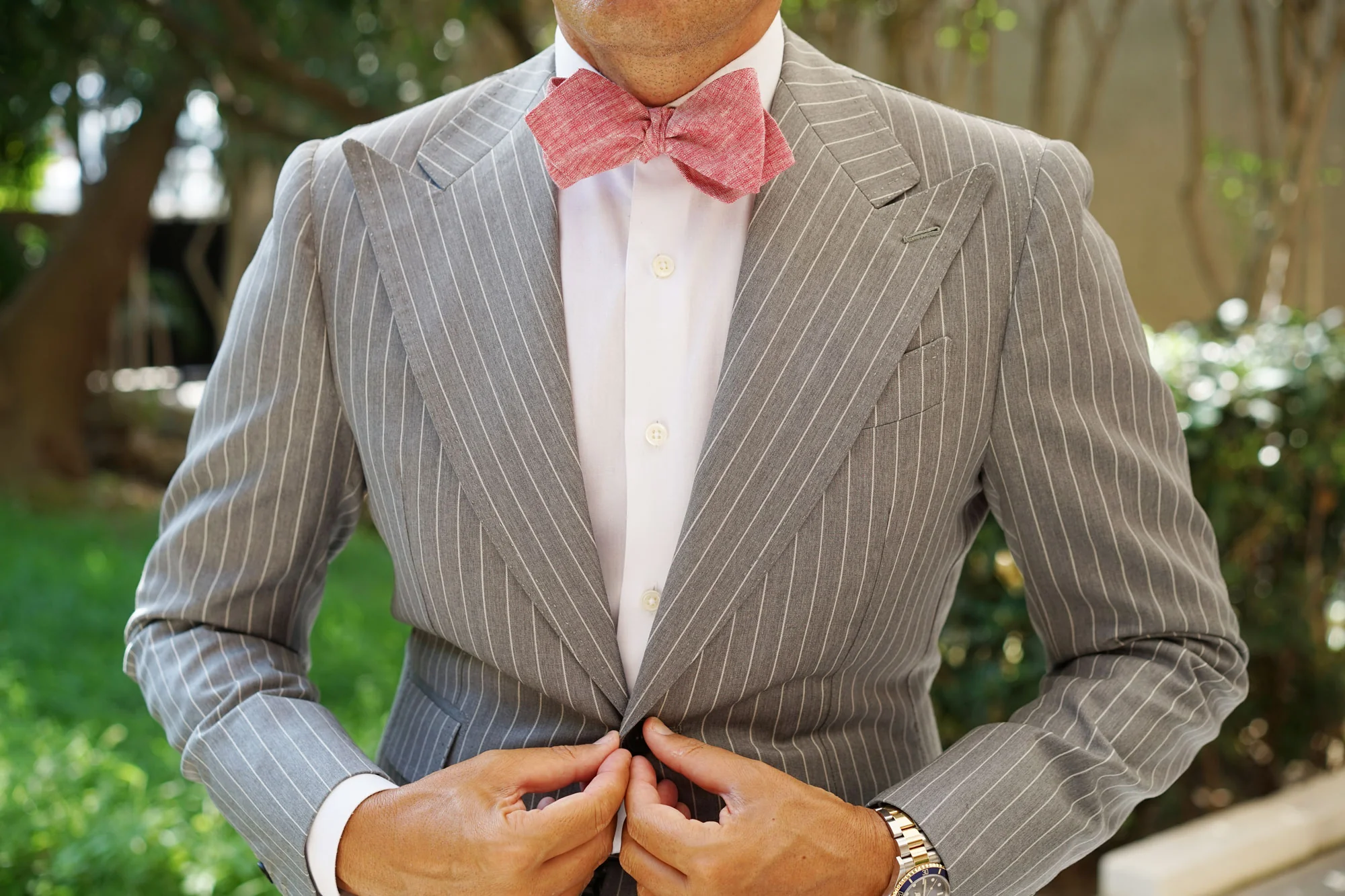 Light Red Chambray Linen Self Tie Diamond Bow Tie - Image 3