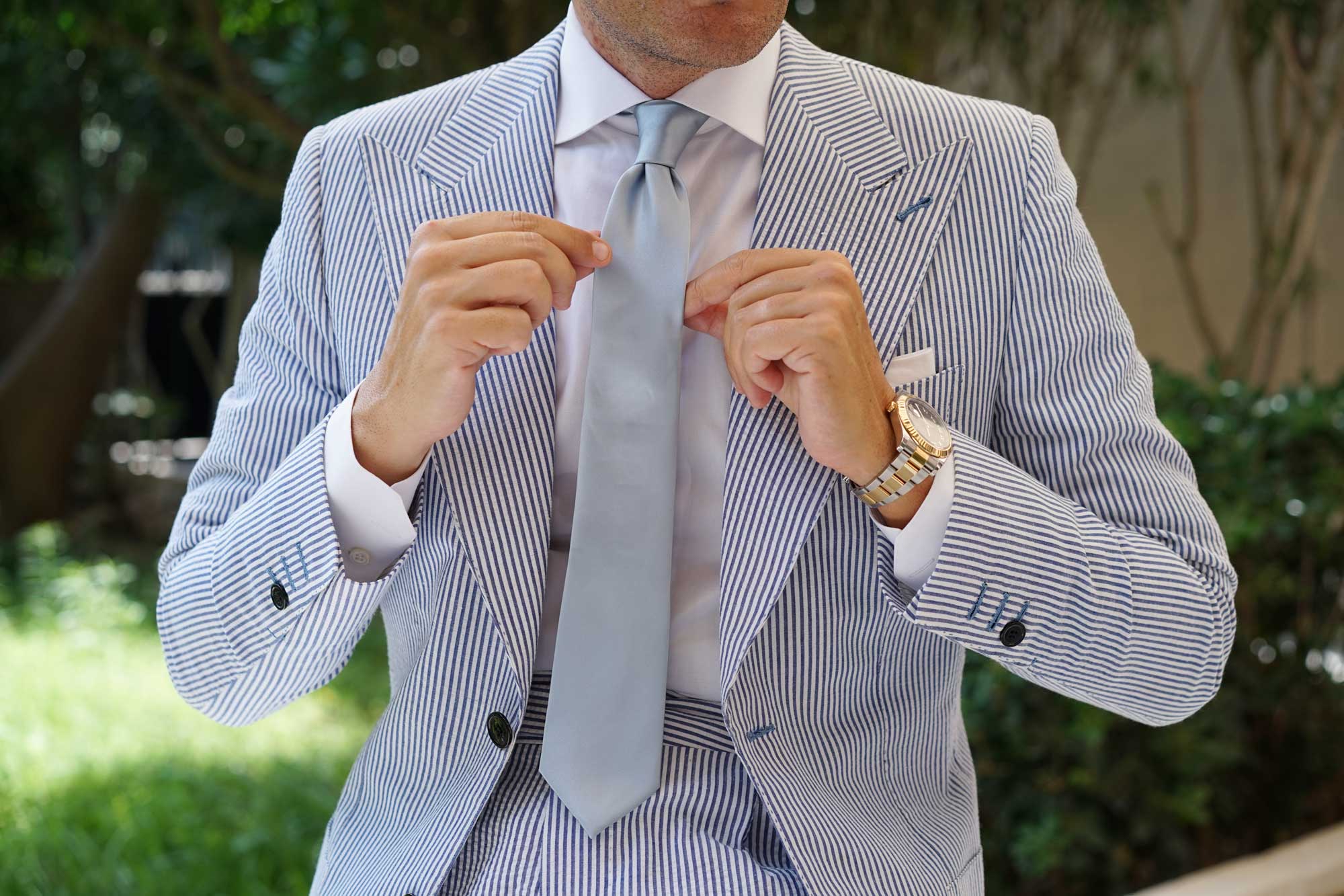 Light Silver Sage Satin Skinny Tie - Image 4