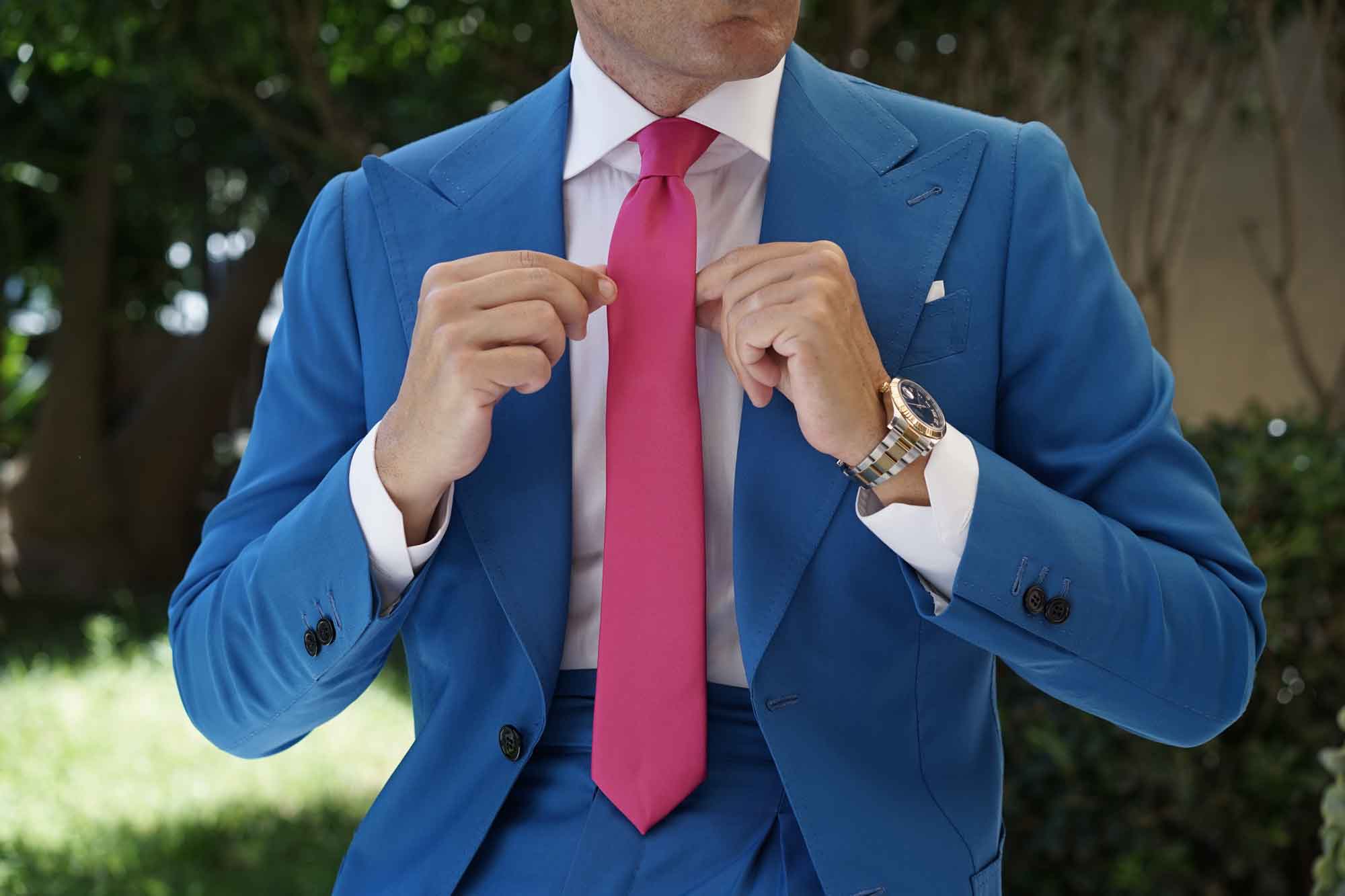 Magenta Pink Satin Skinny Tie - Image 4