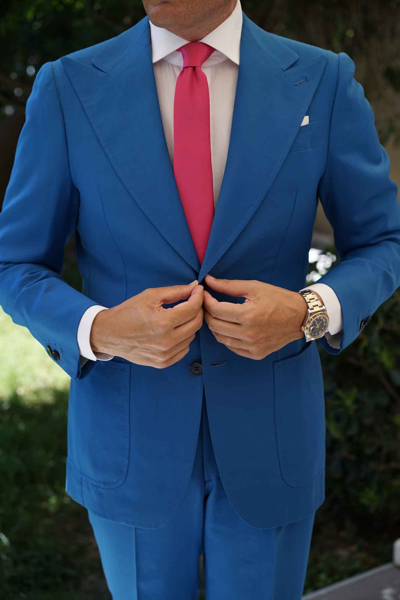 Magenta Pink Satin Skinny Tie - Image 8