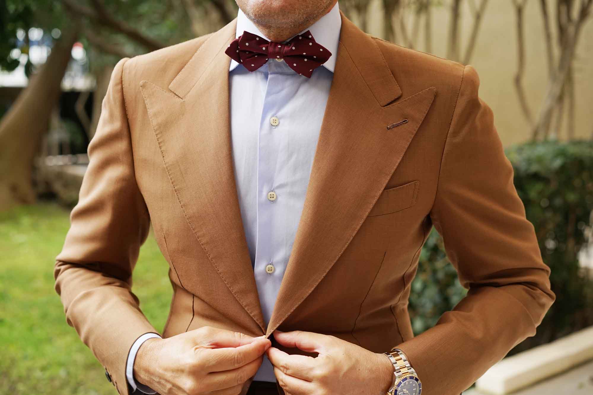 Mahogany Maroon with White Polka Dots Diamond Bow Tie - Image 3