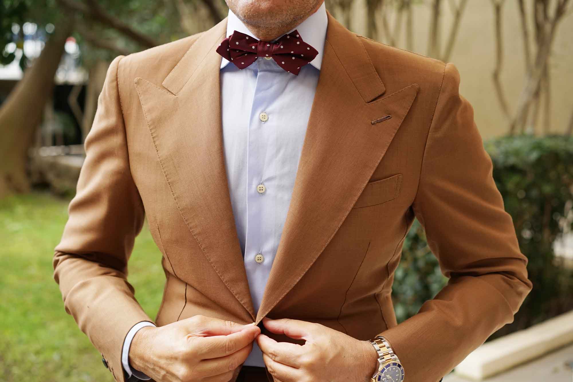 Mahogany Maroon with White Polka Dots Diamond Bow Tie - Image 6