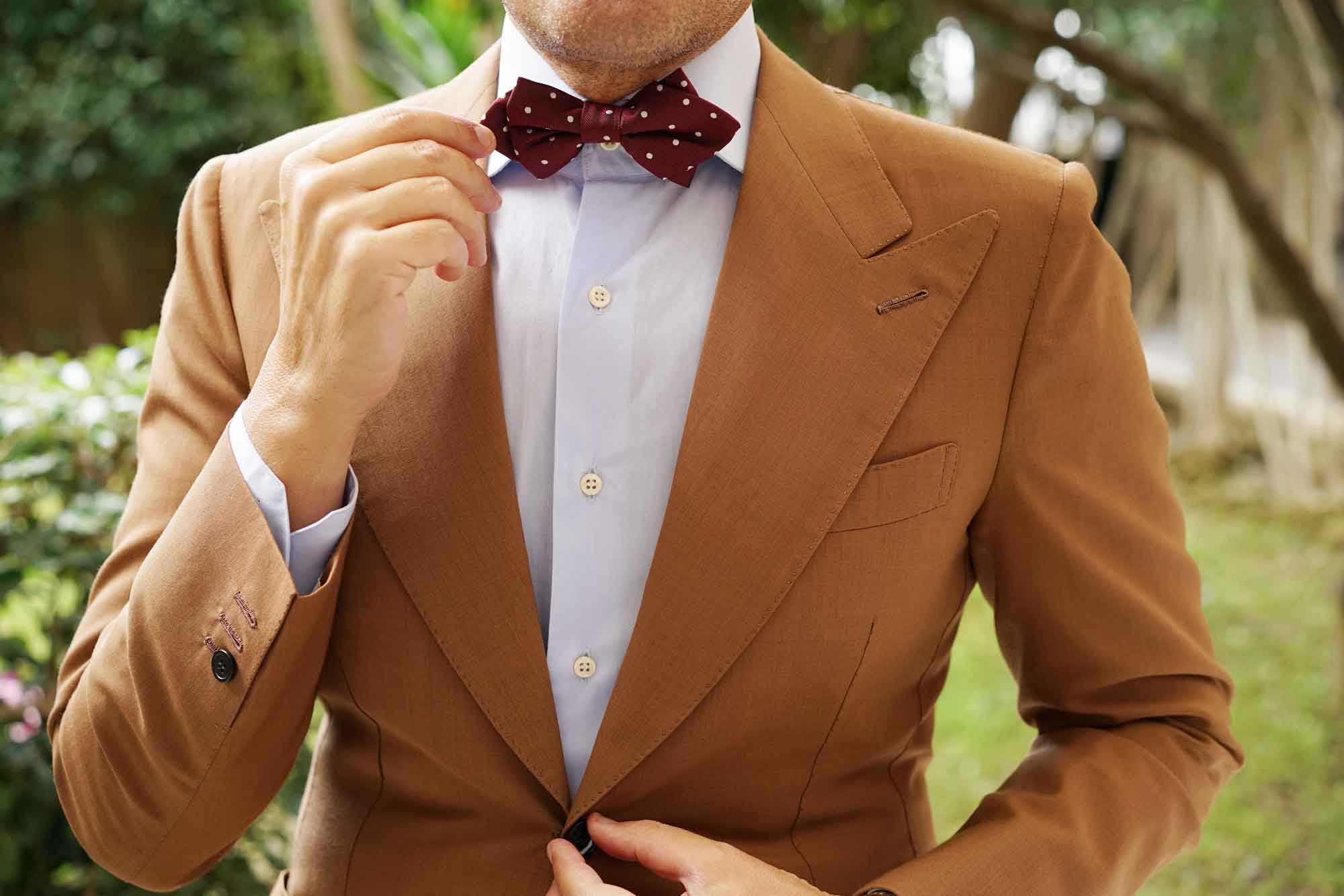 Mahogany Maroon with White Polka Dots Diamond Bow Tie - Image 7