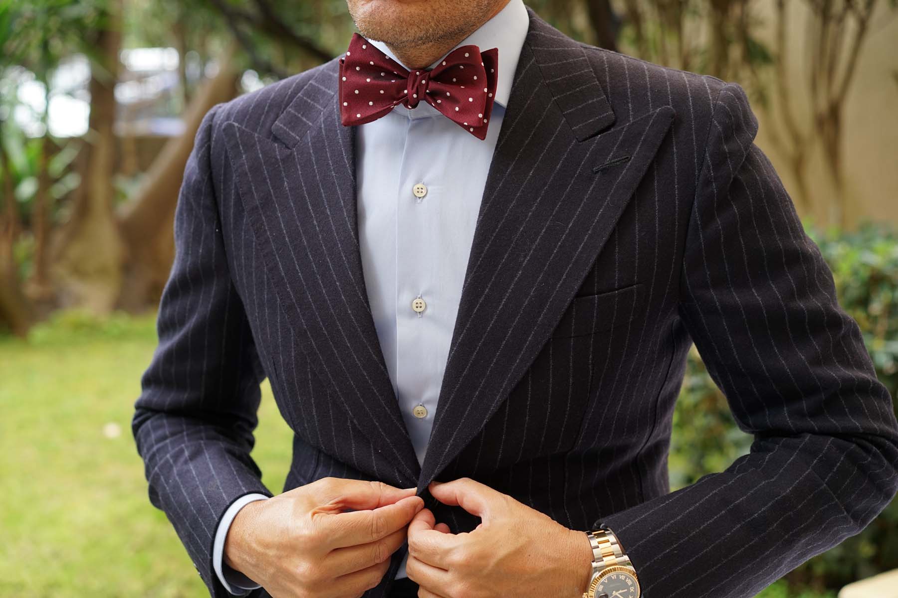 Mahogany Maroon with White Polka Dots Self Tie Bow Tie - Image 6