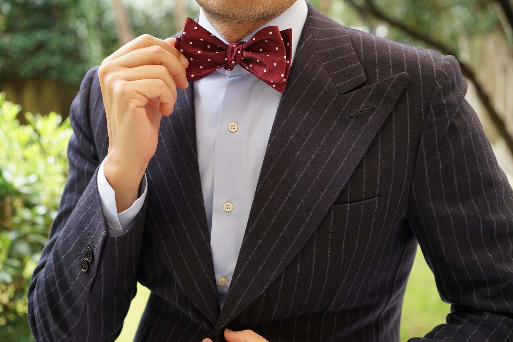 Mahogany Maroon with White Polka Dots Self Tie Bow Tie - Image 8