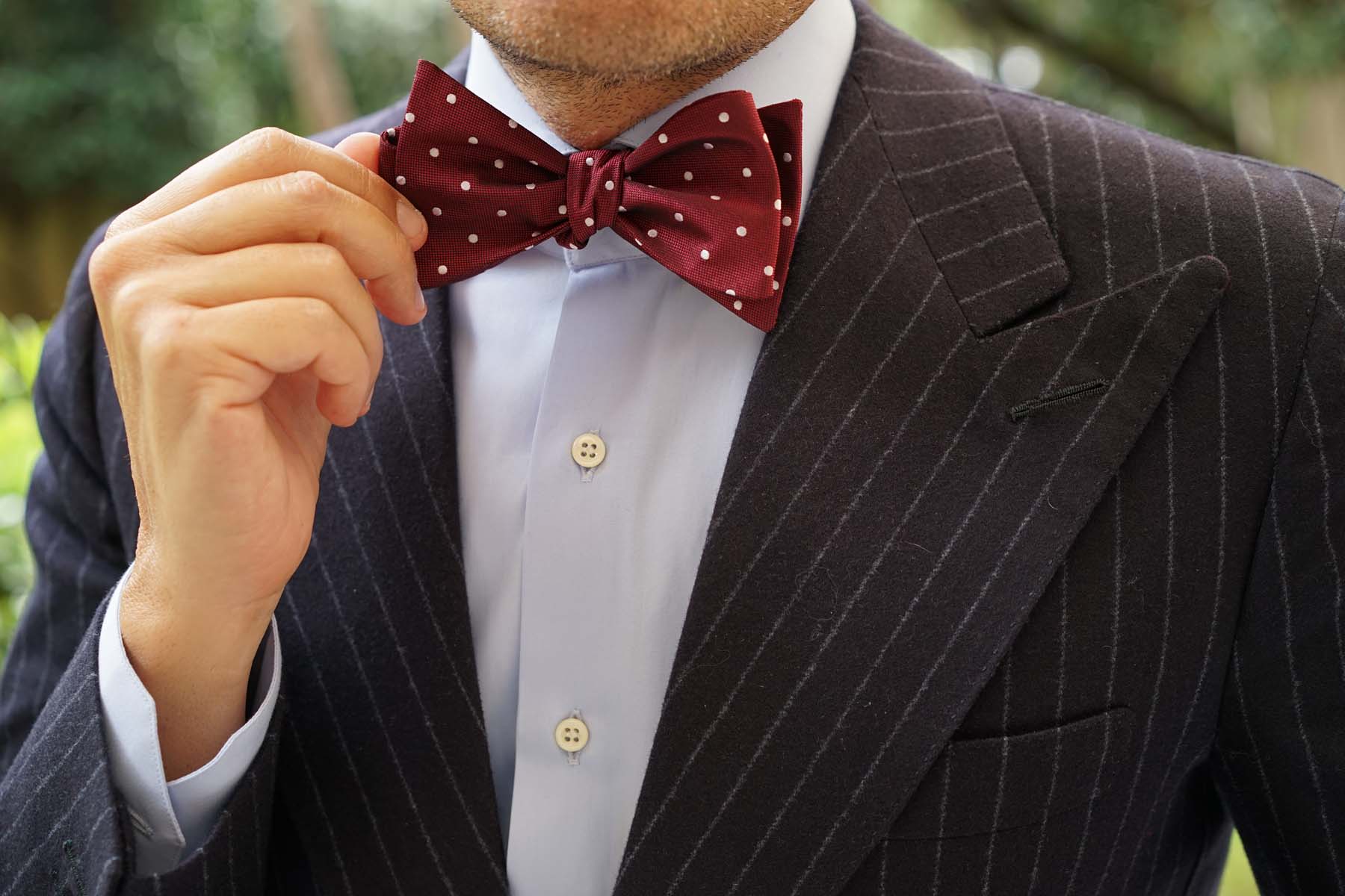 Mahogany Maroon with White Polka Dots Self Tie Bow Tie - Image 9