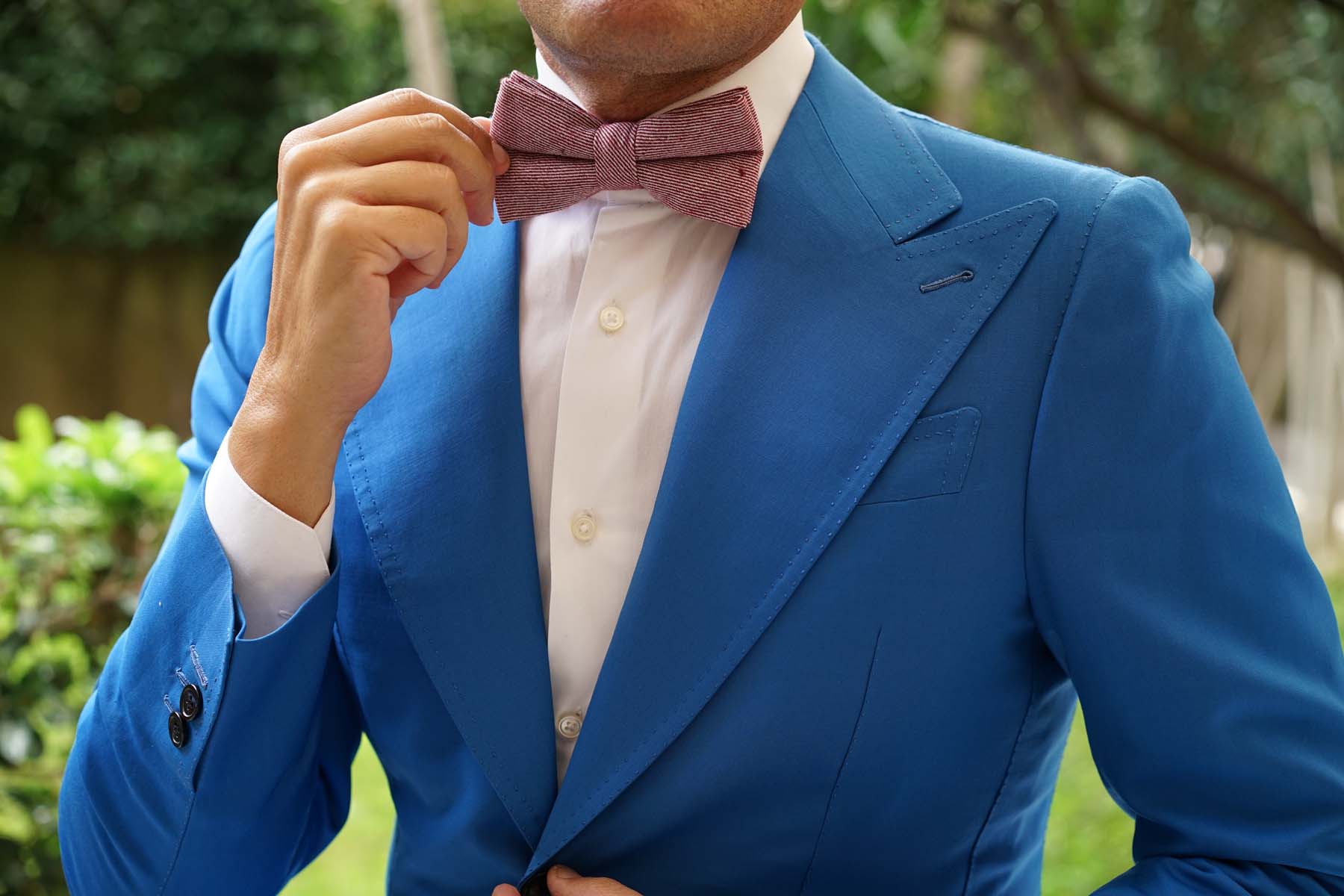 Maroon & White Twill Stripe Linen Bow Tie - Image 3