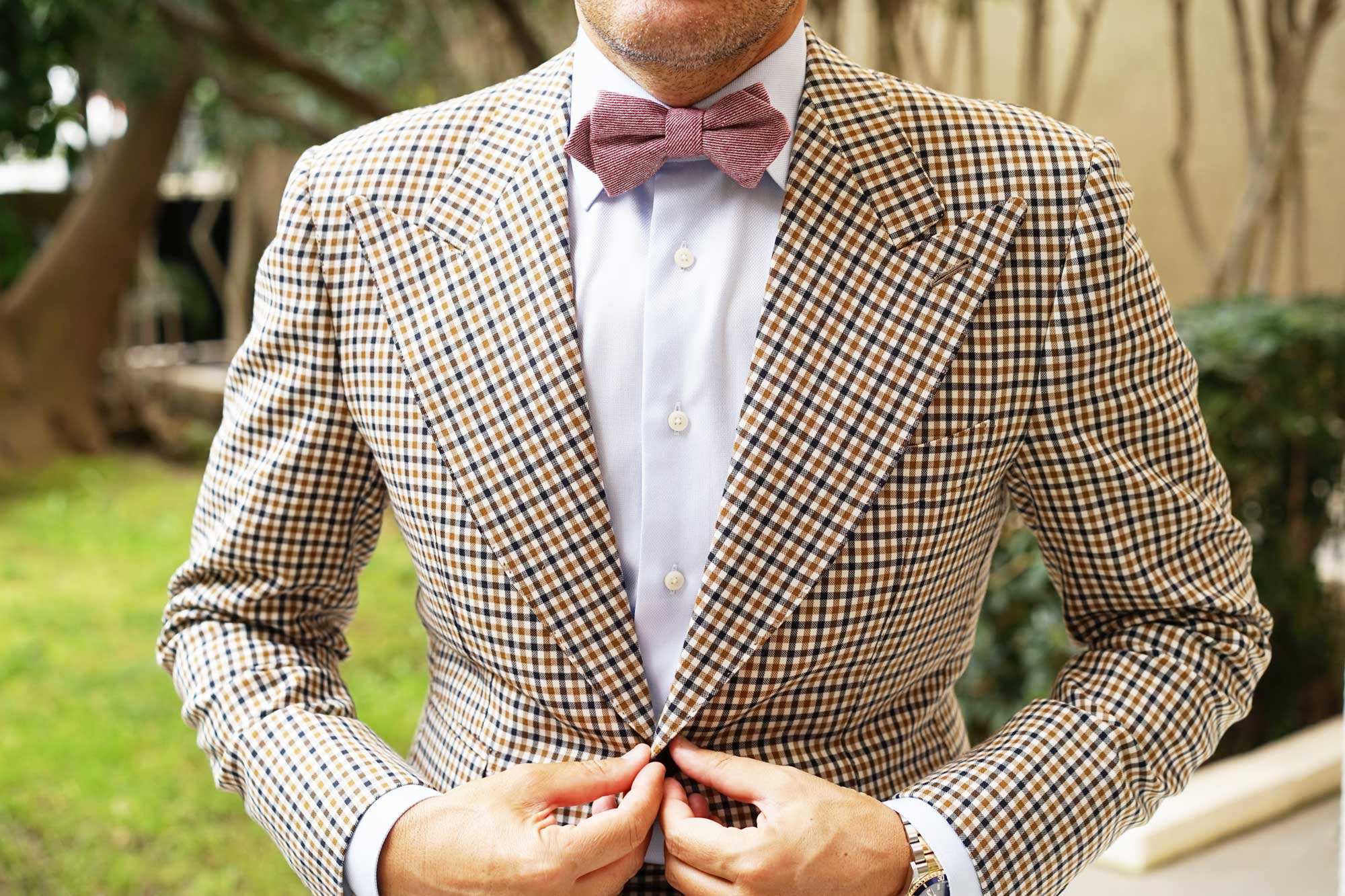 Maroon & White Twill Stripe Linen Diamond Bow Tie - Image 2