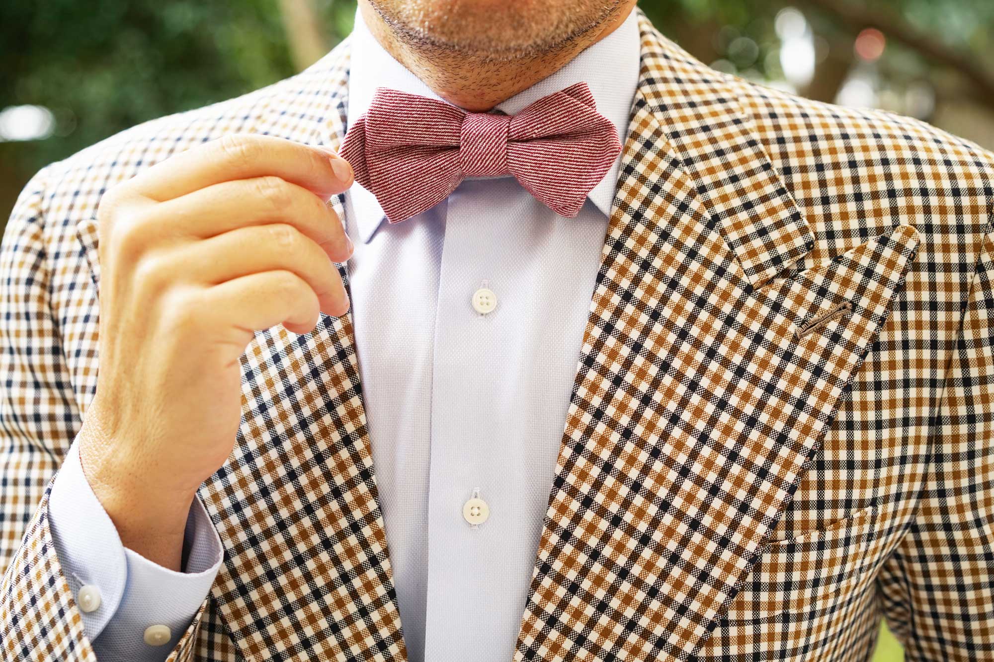 Maroon & White Twill Stripe Linen Diamond Bow Tie - Image 6