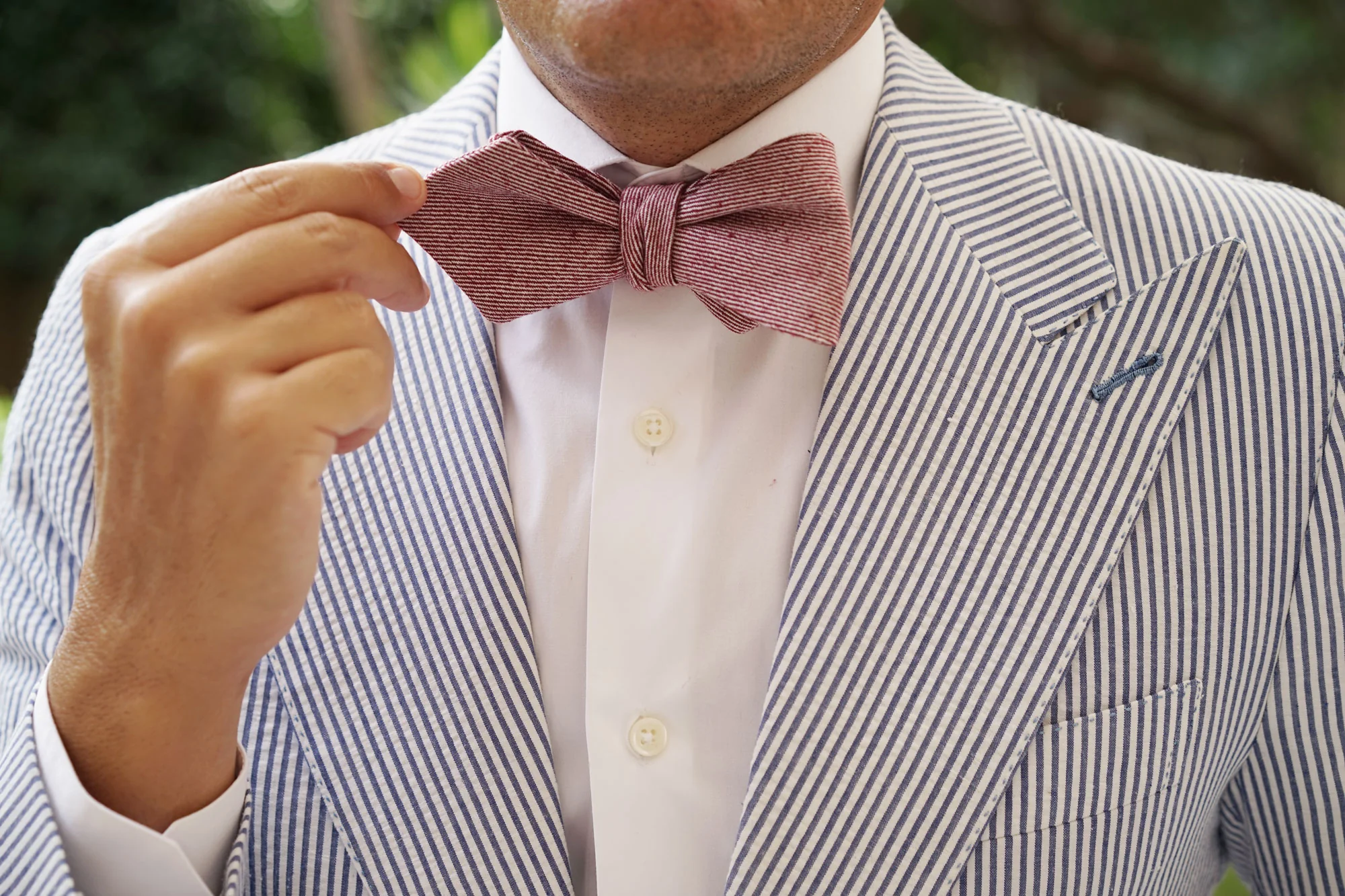 Maroon & White Twill Stripe Linen Self Tie Diamond Tip Bow Tie - Image 11
