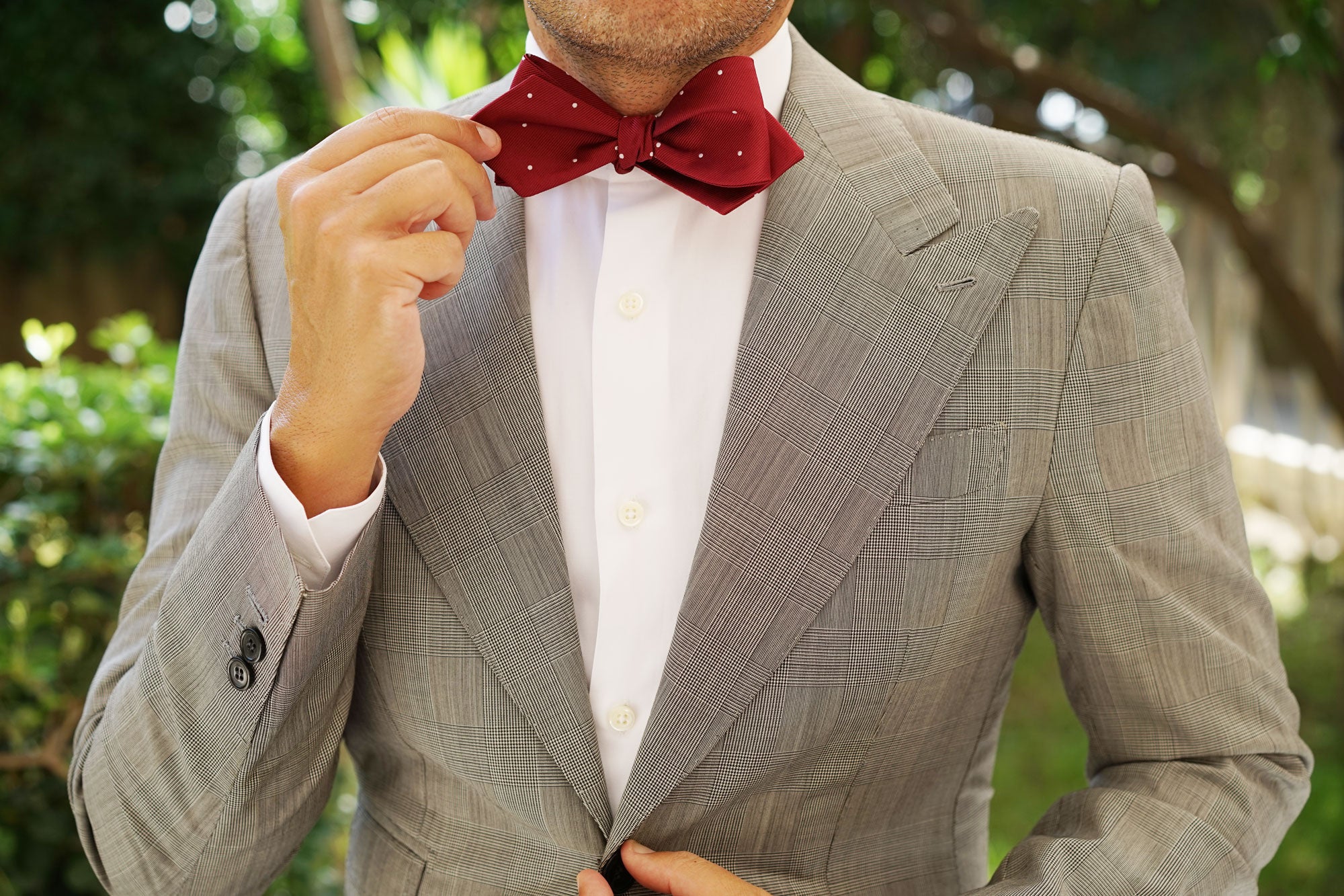 Maroon with White Polka Dots Self Tie Diamond Tip Bow Tie - Image 10