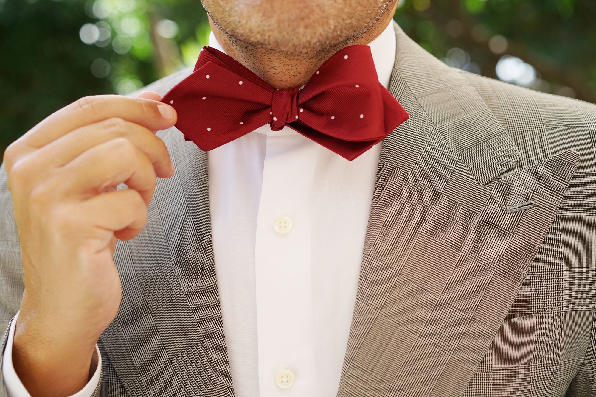 Maroon with White Polka Dots Self Tie Diamond Tip Bow Tie - Image 13