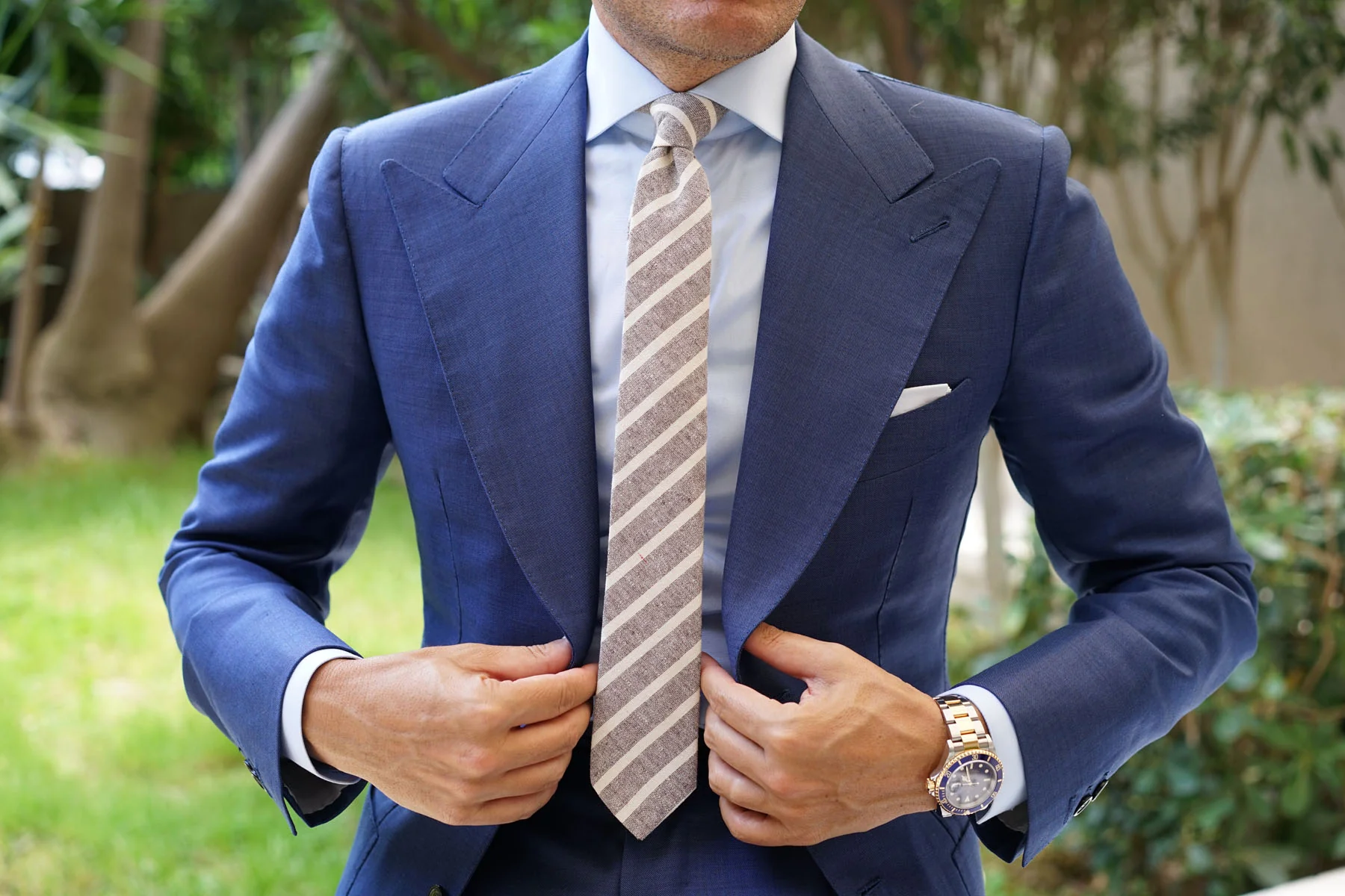 Mersin Brown Stripe Chalk Linen Skinny Tie - Image 4