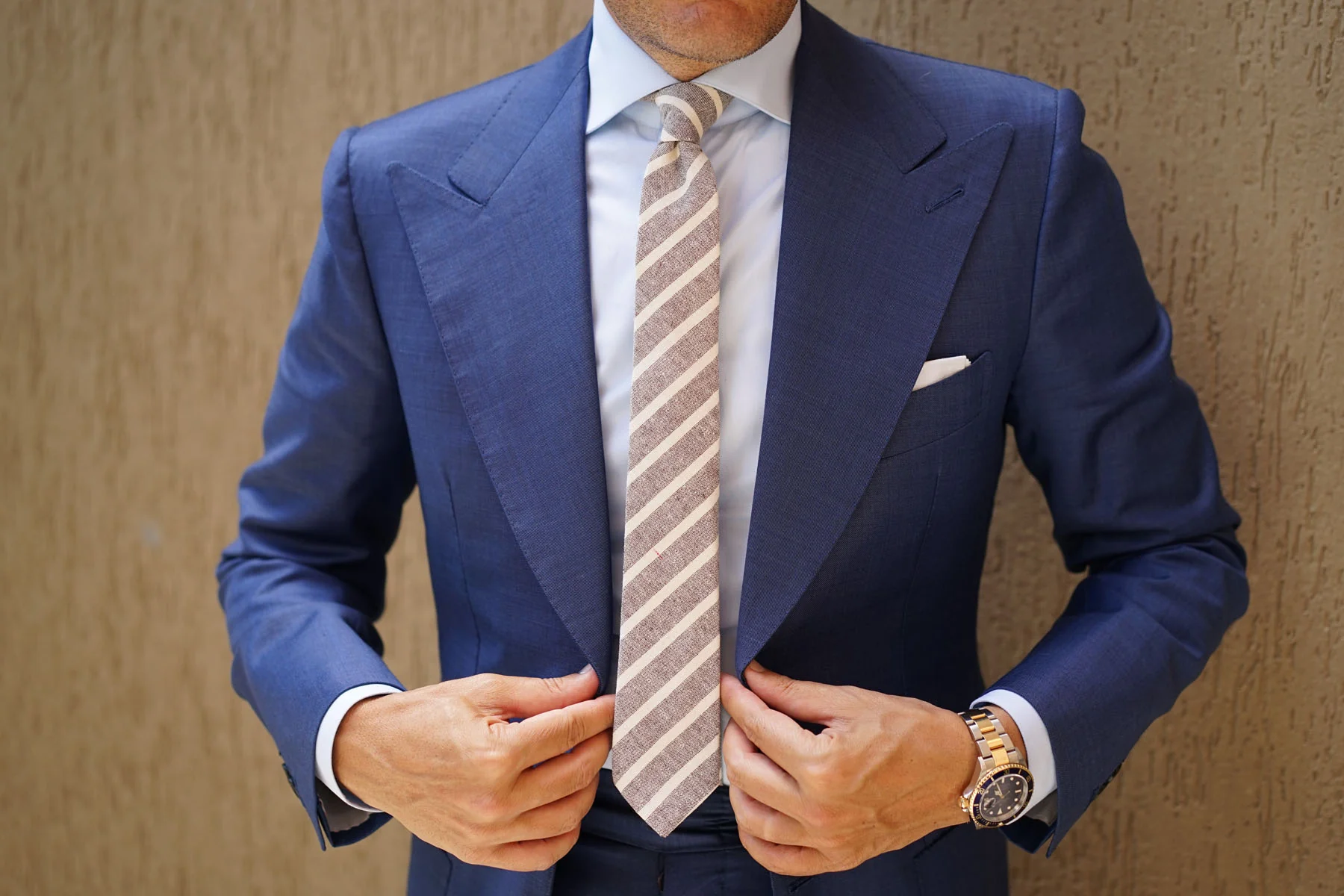 Mersin Brown Stripe Chalk Linen Skinny Tie - Image 7
