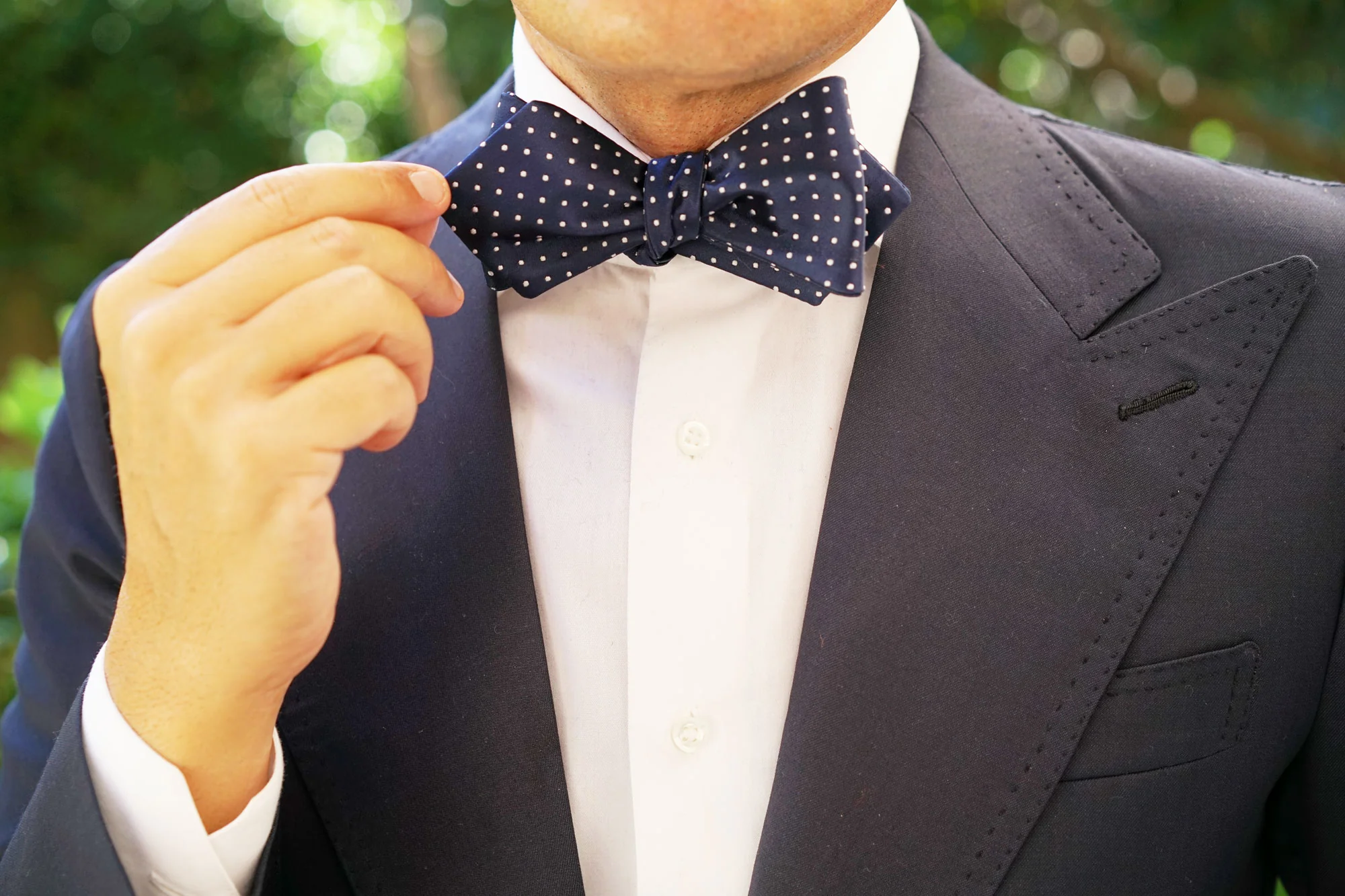 Midnight Blue Mini Pin Dots Diamond Self Bow Tie - Image 10