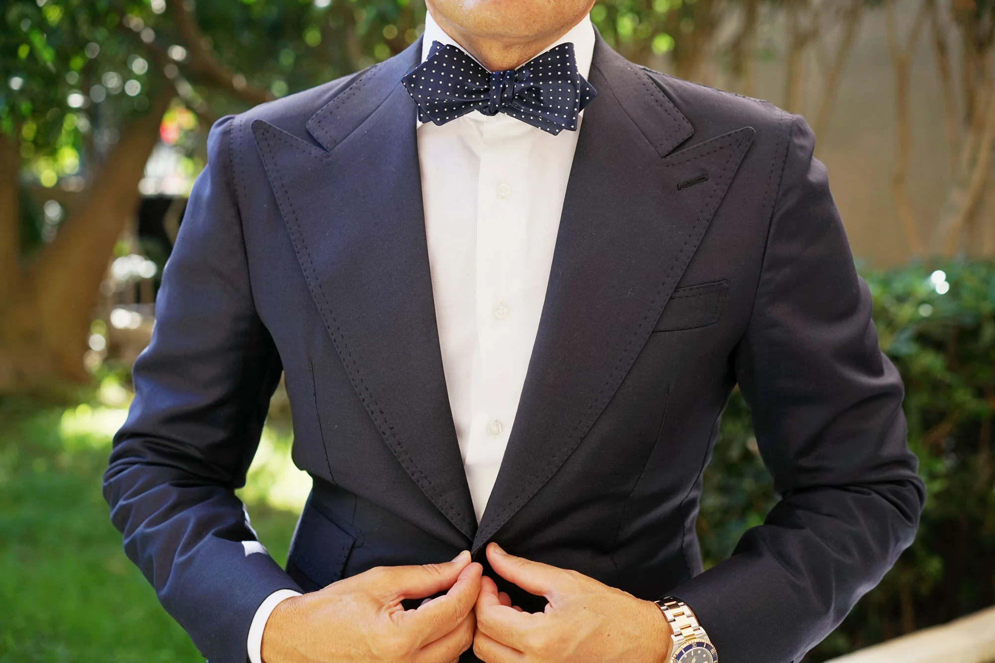 Midnight Blue Mini Pin Dots Diamond Self Bow Tie - Image 4