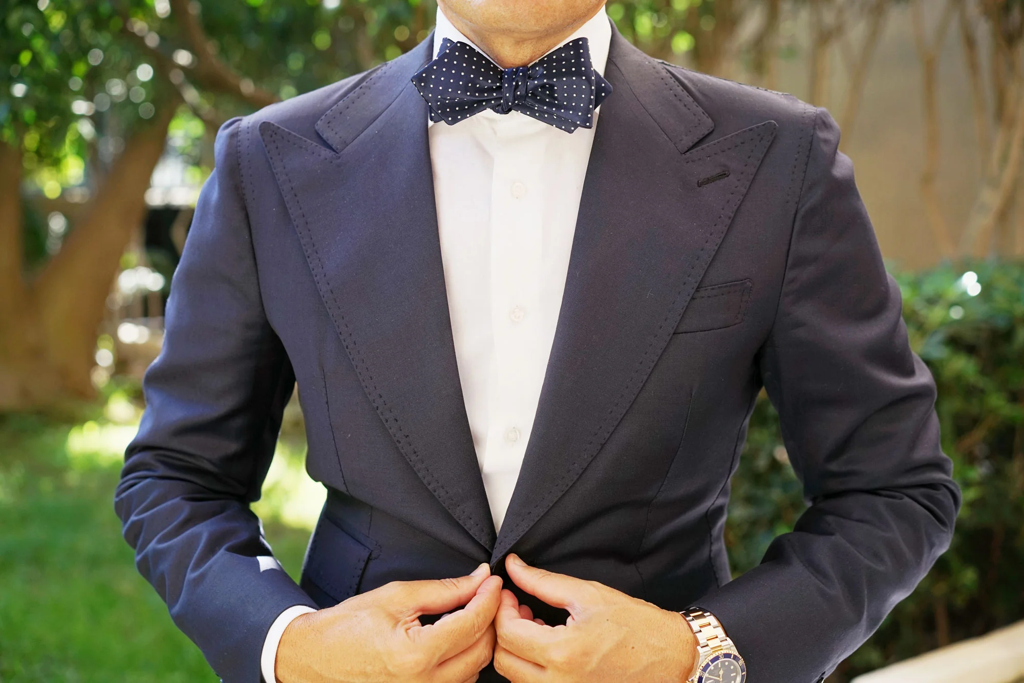 Midnight Blue Mini Pin Dots Diamond Self Bow Tie - Image 6