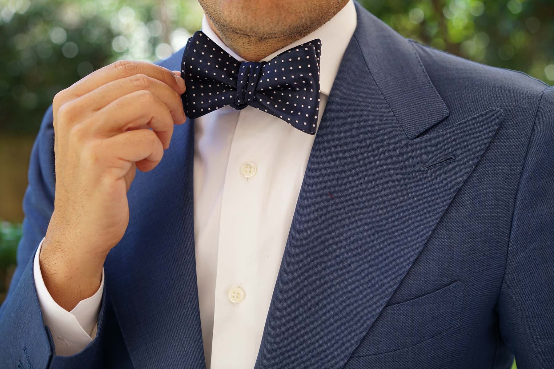 Midnight Blue Mini Pin Dots Self Bow Tie - Image 6