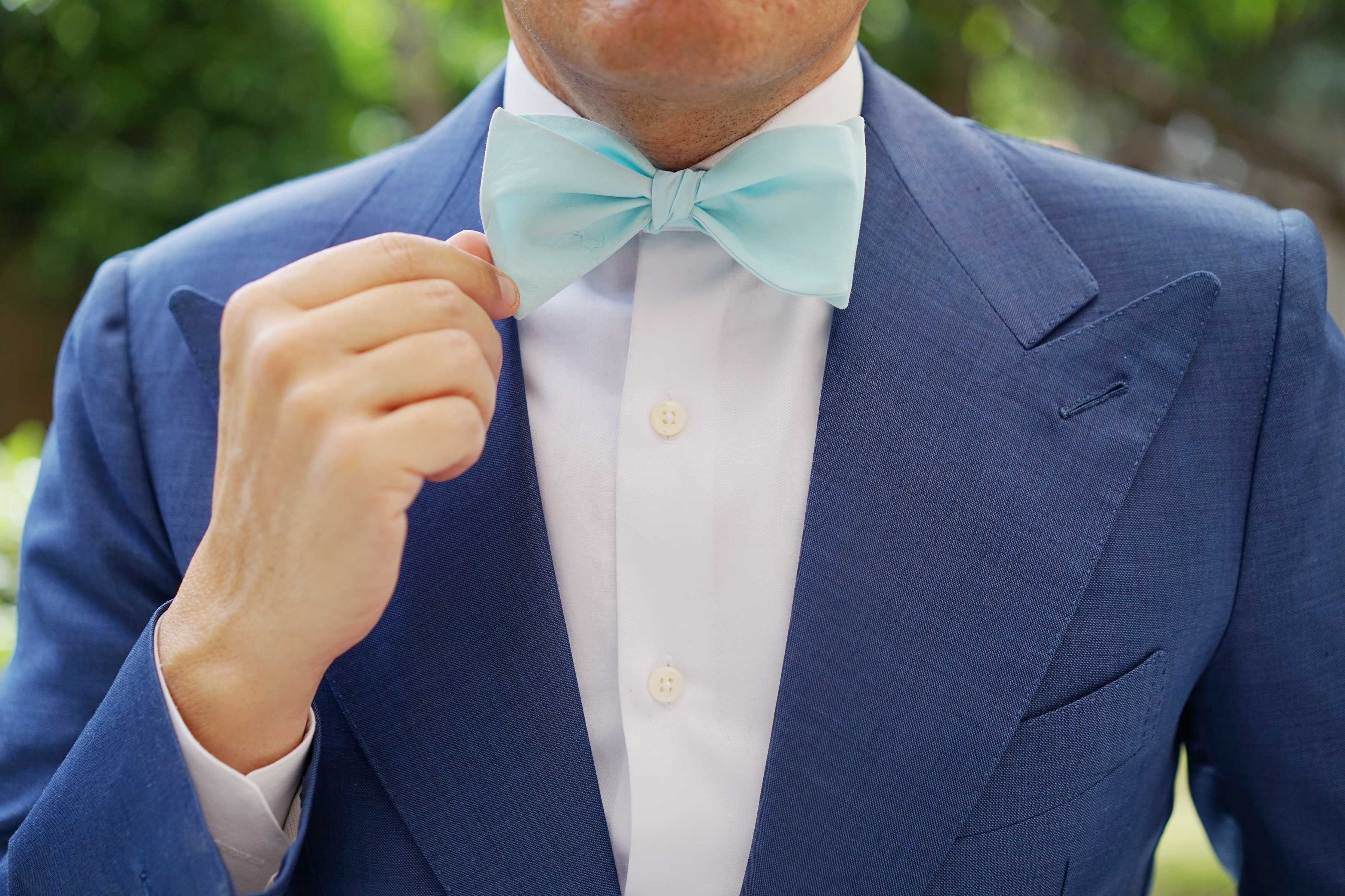 Mint Blue Cotton Self Tie Bow Tie - Image 8