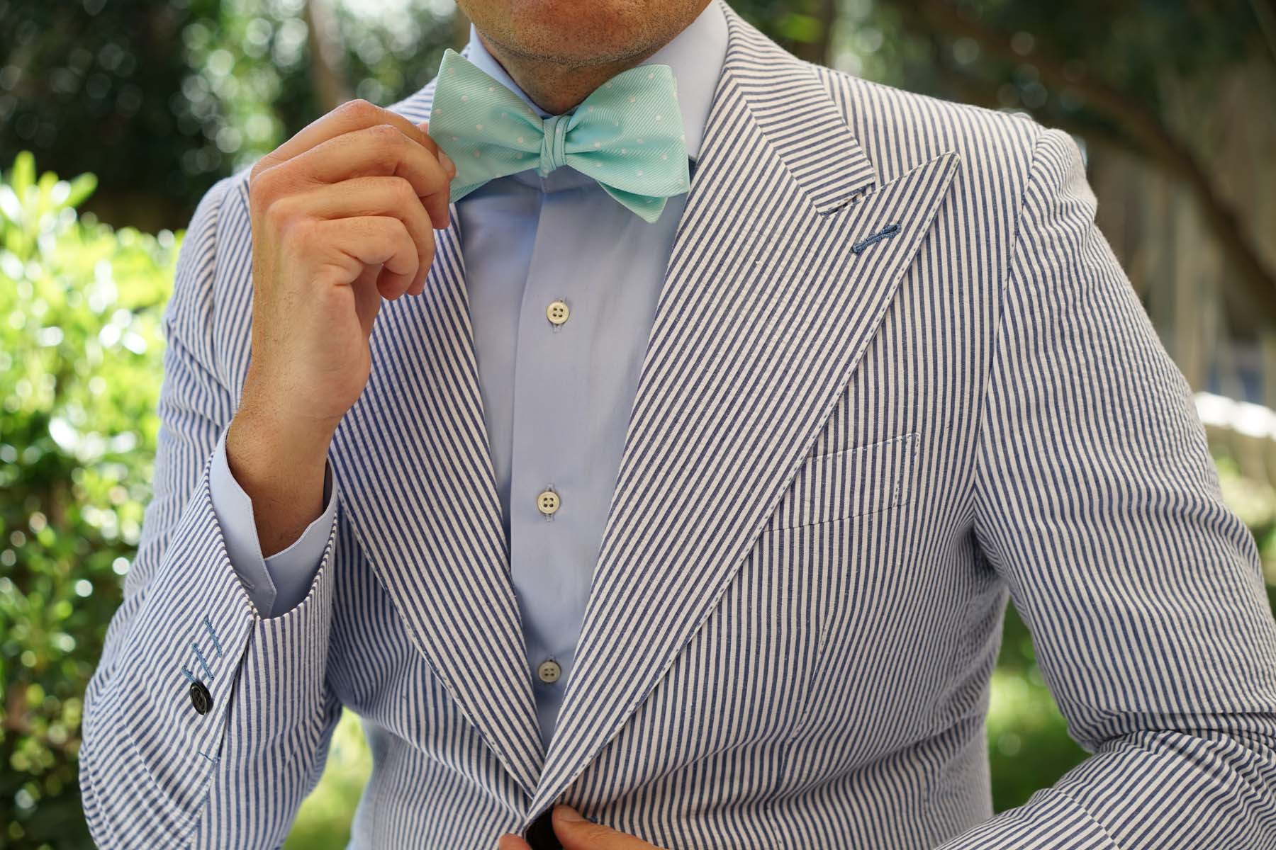 Mint Green with White Polka Dots Self Tie Bow Tie - Image 8