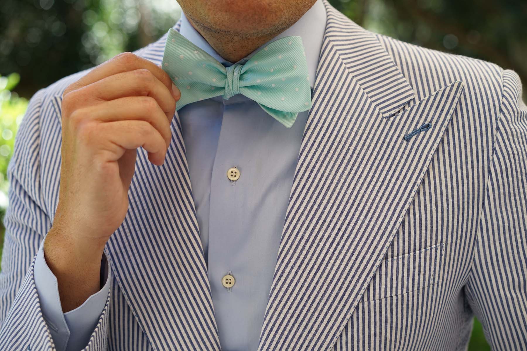 Mint Green with White Polka Dots Self Tie Bow Tie - Image 9