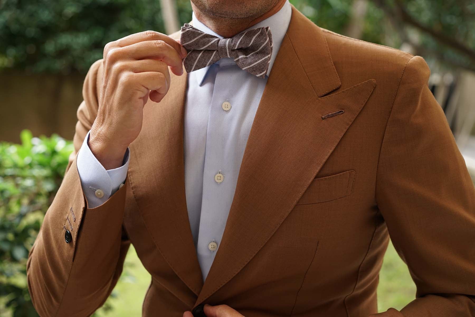 Mocha Brown Pinstripe Linen Bow Tie - Image 3