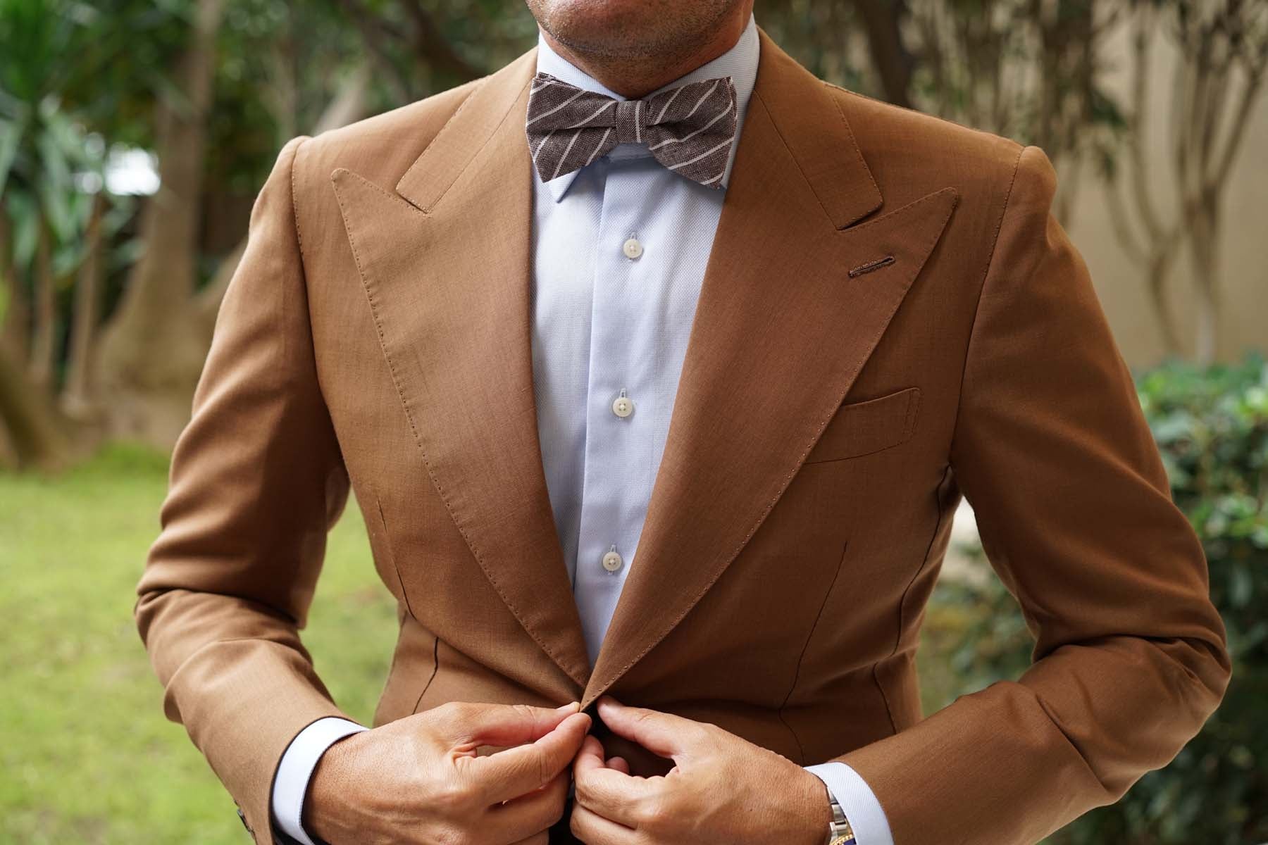Mocha Brown Pinstripe Linen Bow Tie - Image 6