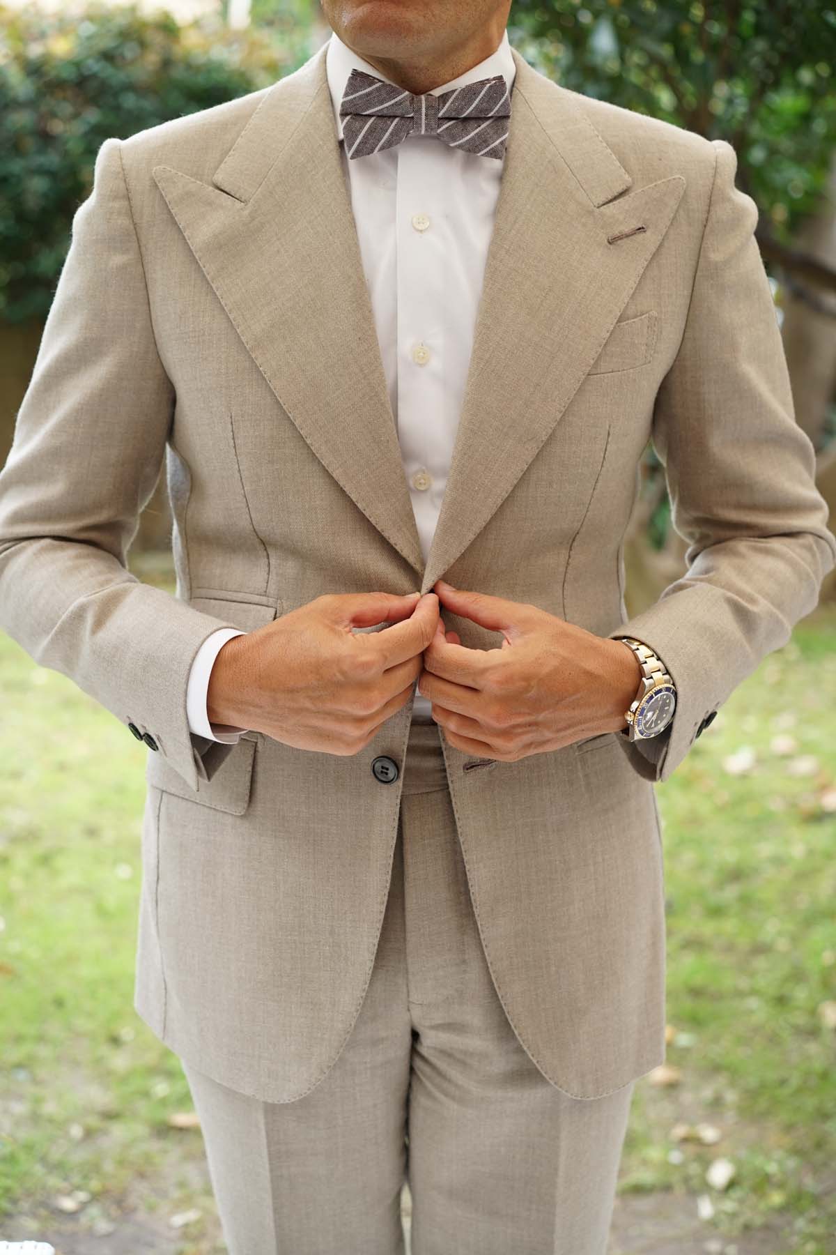 Mocha Brown Pinstripe Linen Bow Tie - Image 8