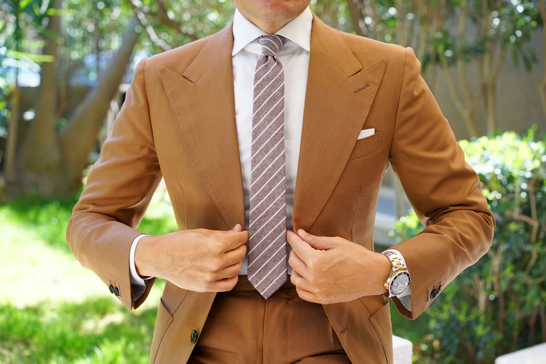 Mocha Brown Pinstripe Linen Skinny Tie - Image 4