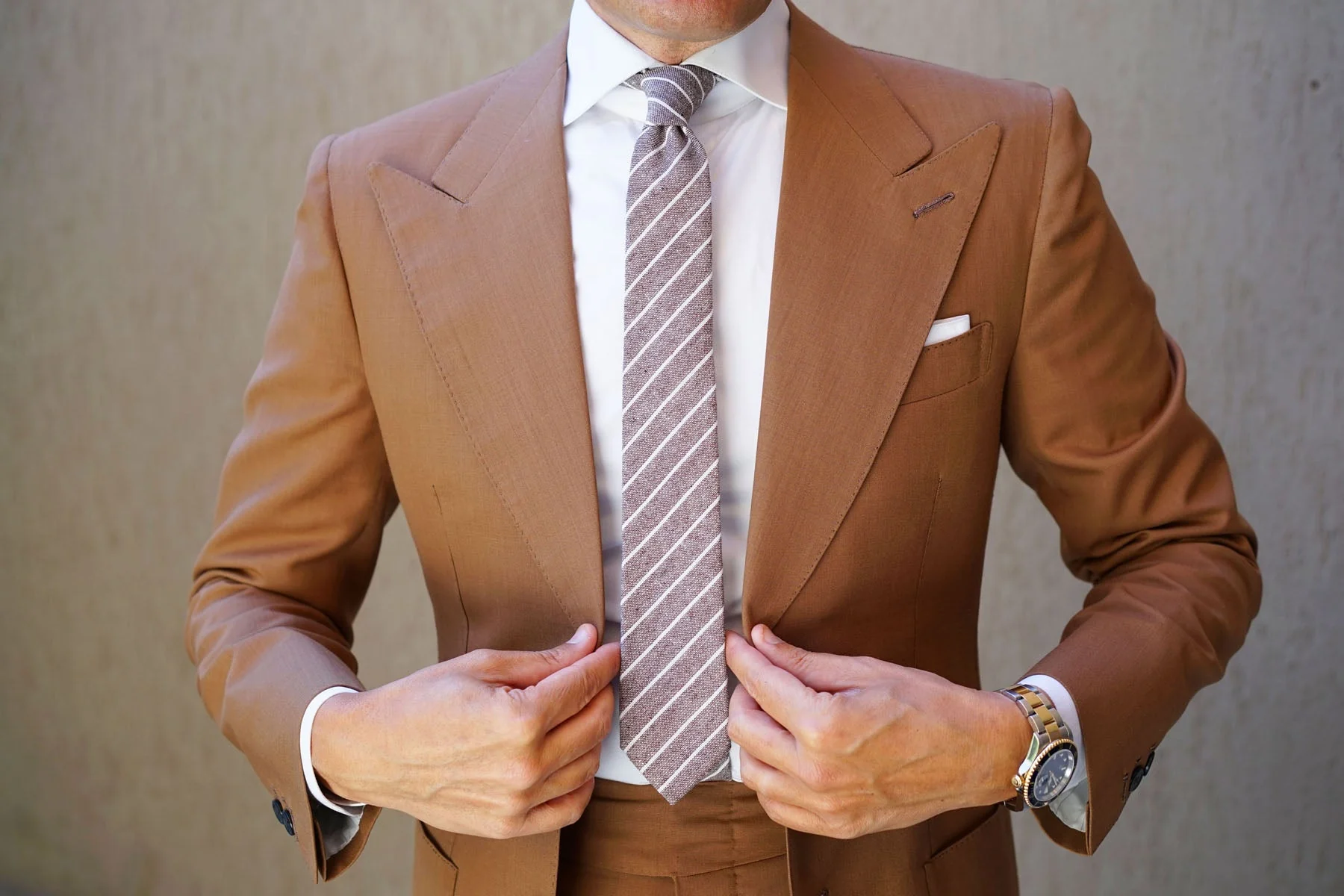 Mocha Brown Pinstripe Linen Skinny Tie - Image 6