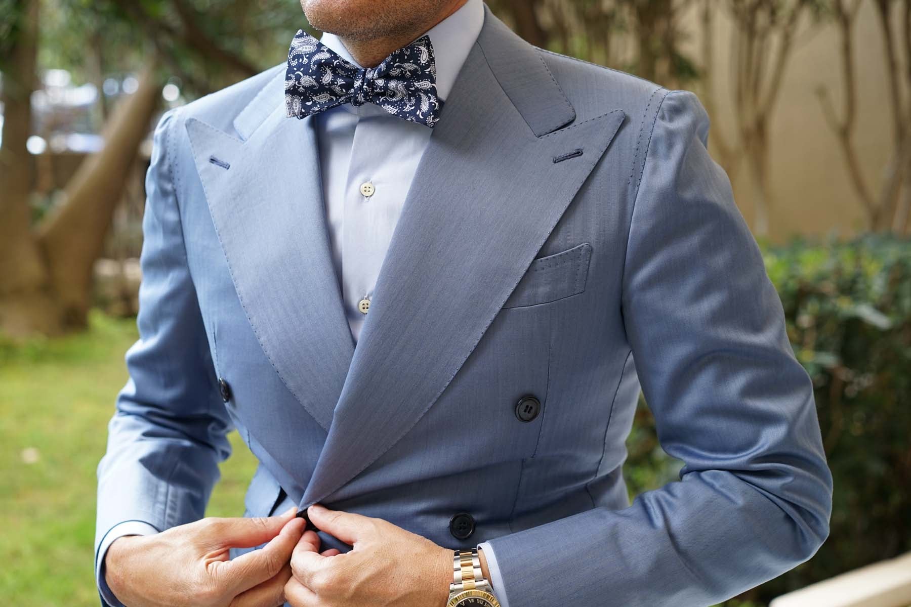 Moroccan Blue Paisley Self Bow Tie - Image 4