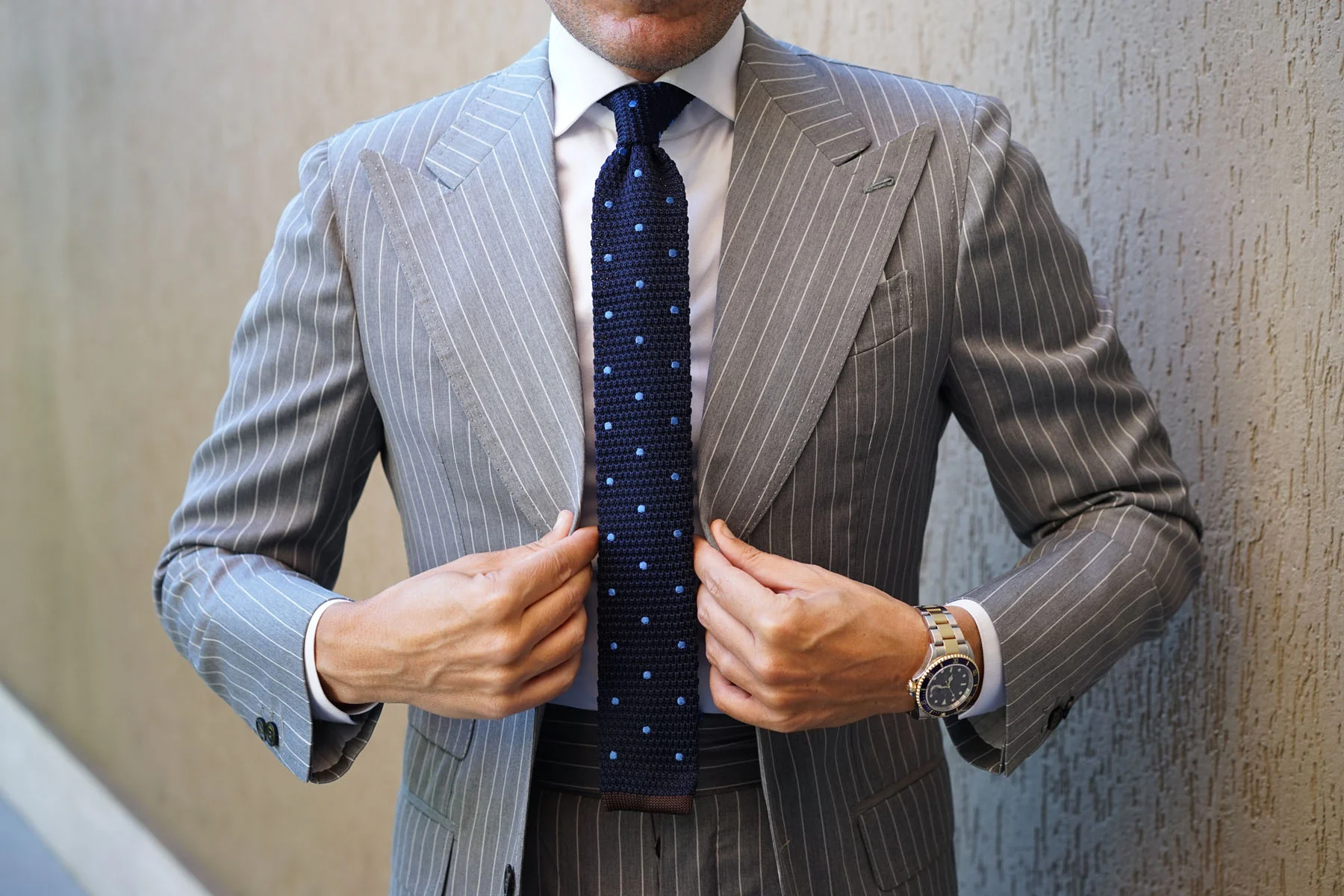 Mr Gecko Navy Blue Polkadot Knitted Tie - Image 6