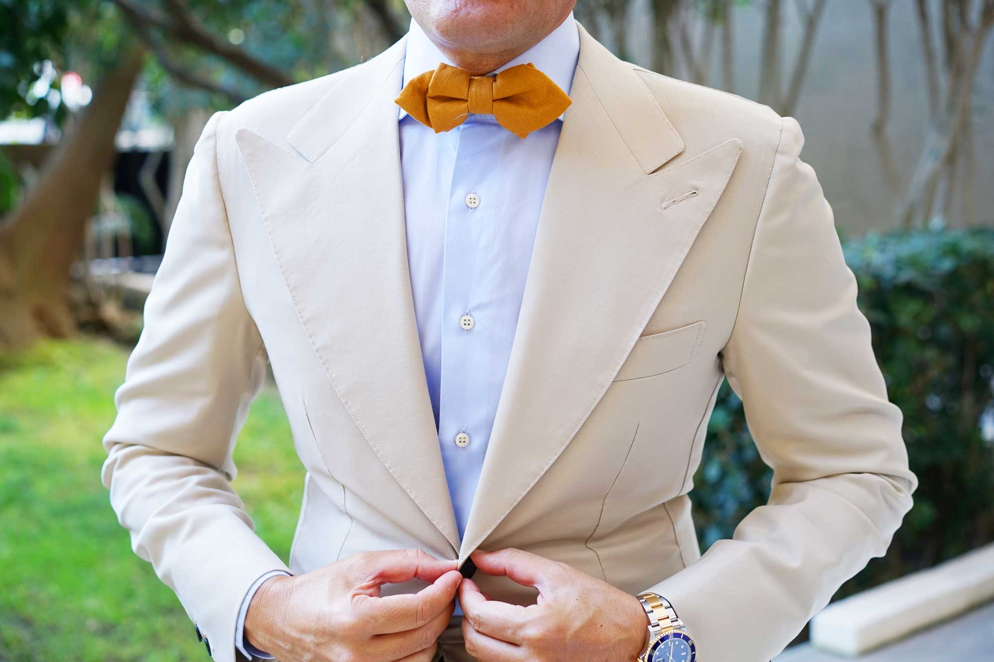 Mustard Yellow Slub Linen Diamond Bow Tie - Image 5