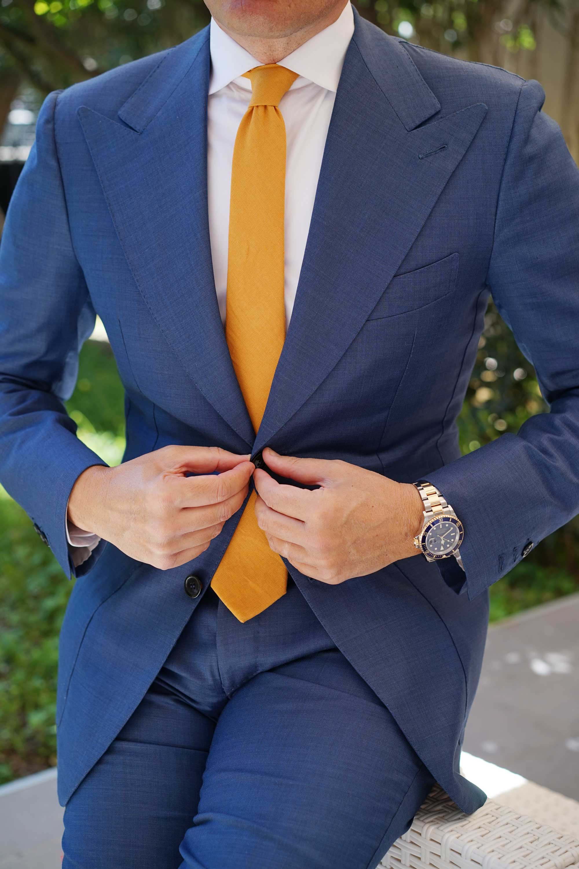 Mustard Yellow Slub Linen Skinny Tie - Image 10