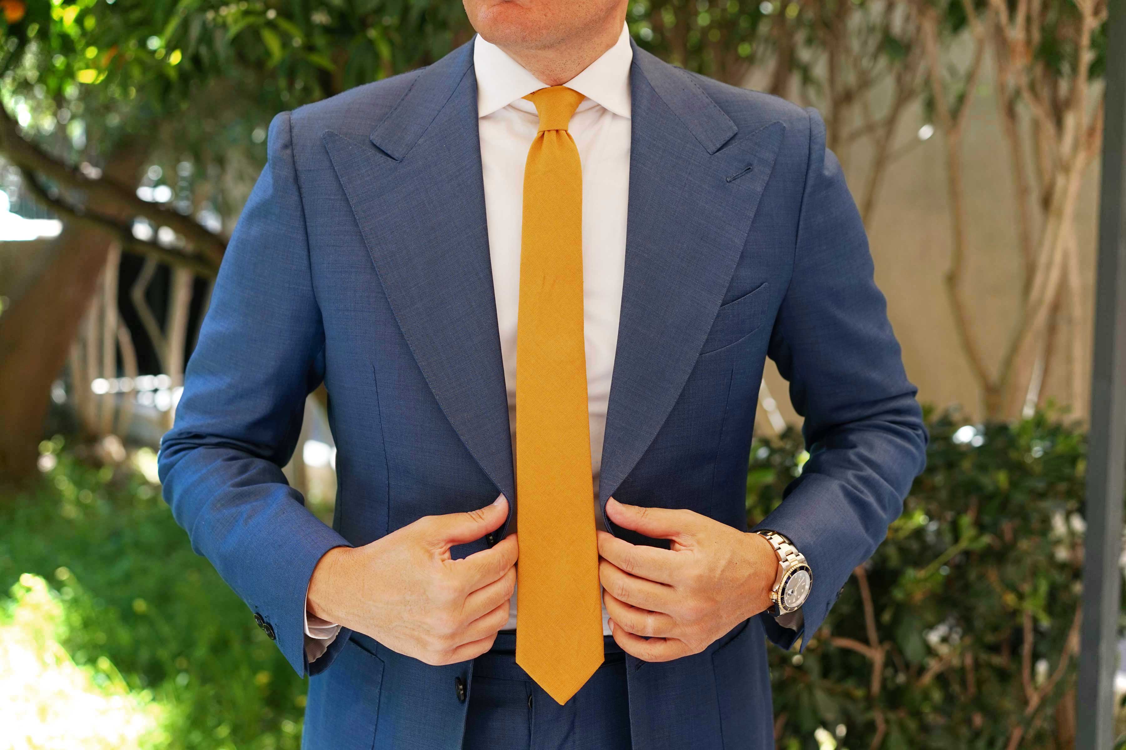 Mustard Yellow Slub Linen Skinny Tie - Image 11