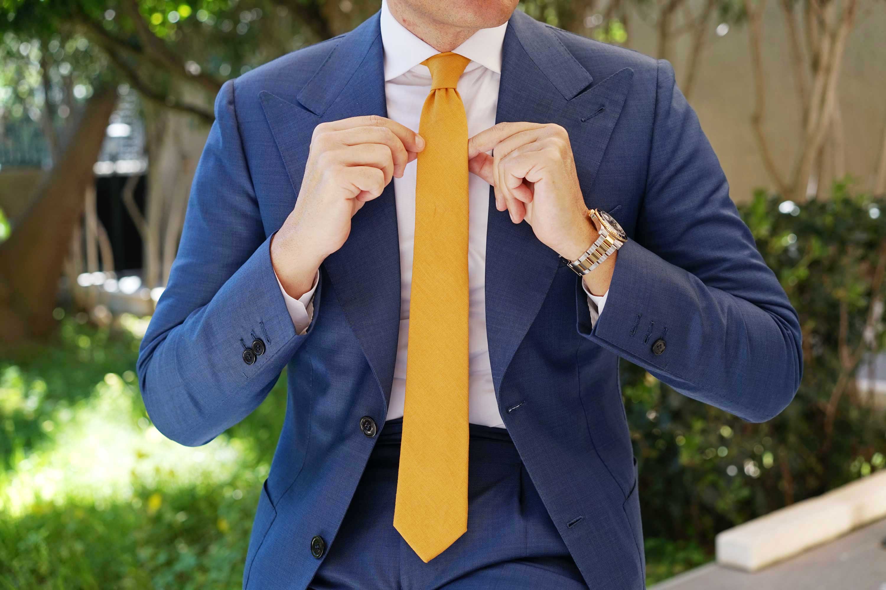 Mustard Yellow Slub Linen Skinny Tie - Image 4
