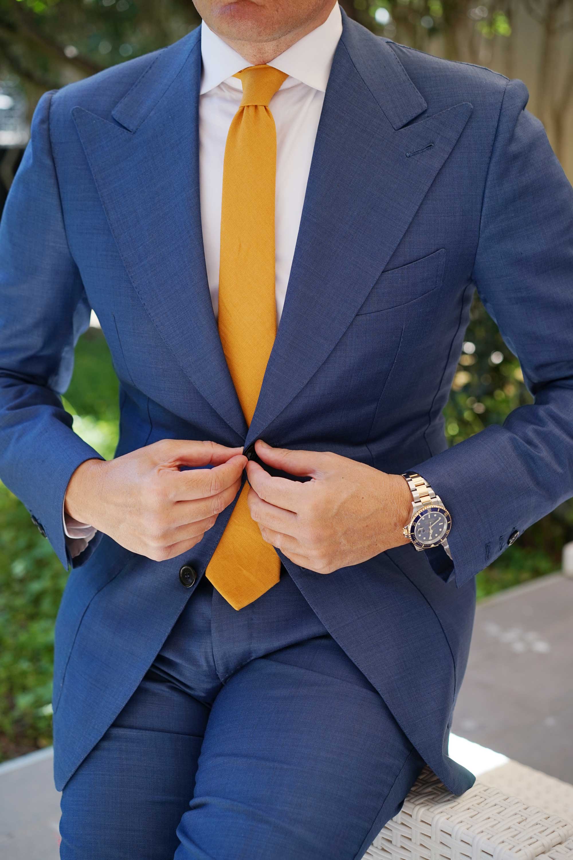 Mustard Yellow Slub Linen Skinny Tie - Image 5