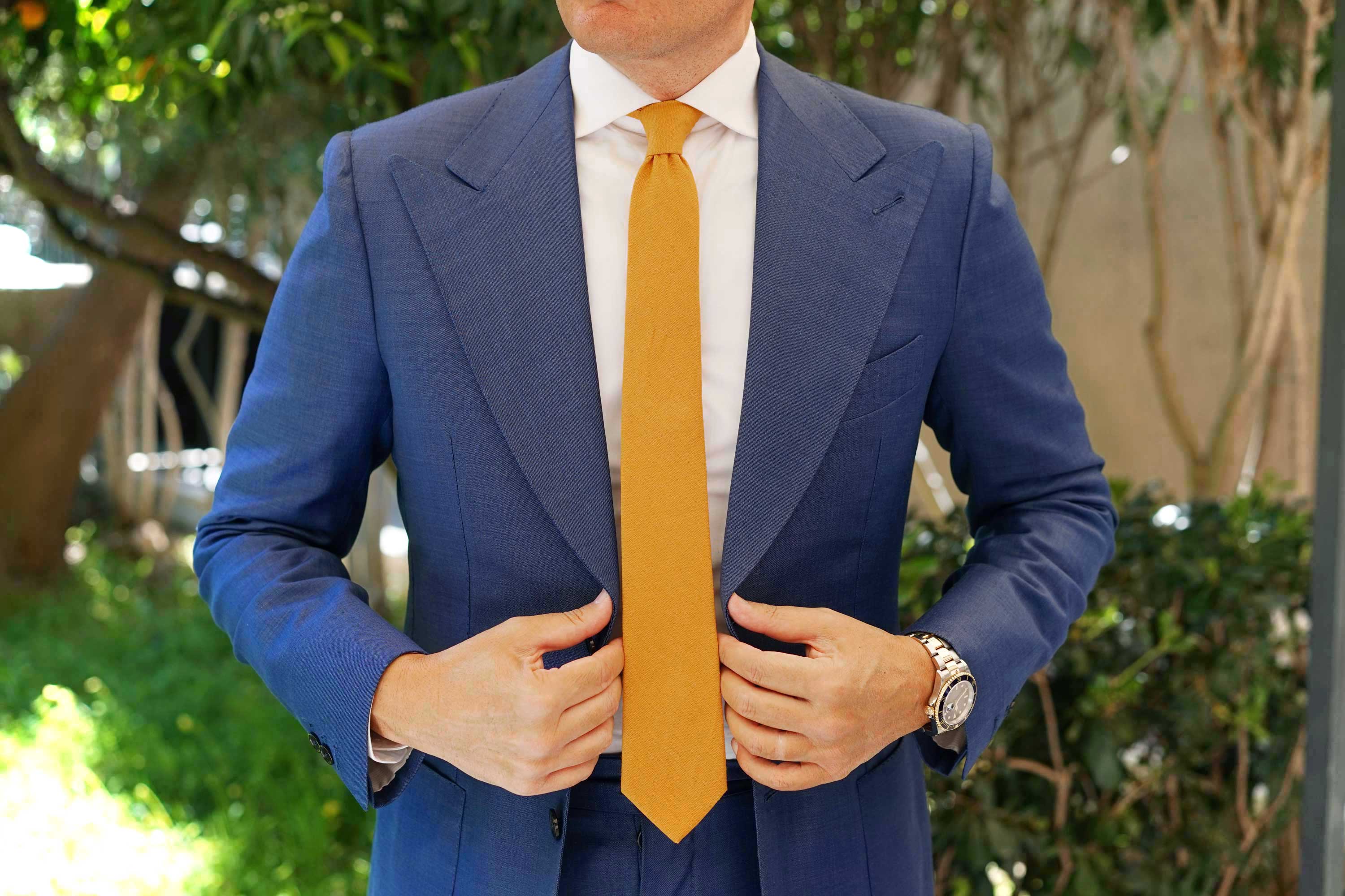 Mustard Yellow Slub Linen Skinny Tie - Image 6