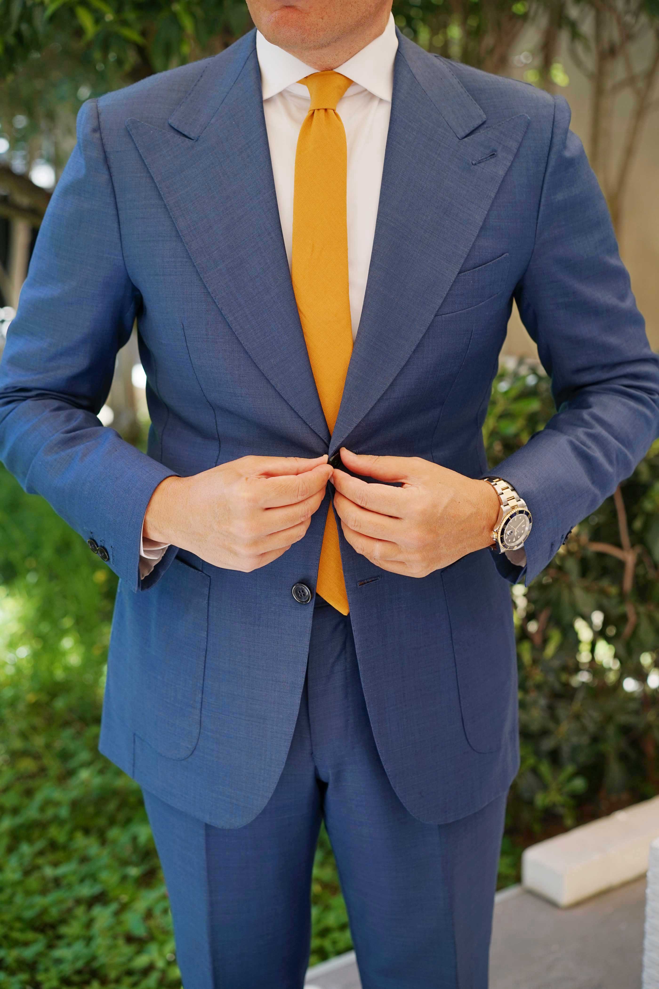 Mustard Yellow Slub Linen Skinny Tie - Image 8
